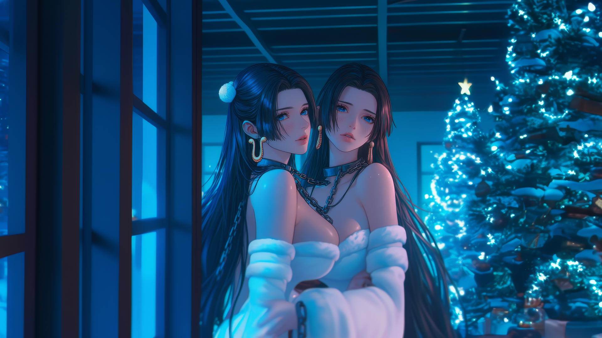 Boa Hancock from One Piece in a Christmas costume, locked in chains in a neon-lit modern hotel room.