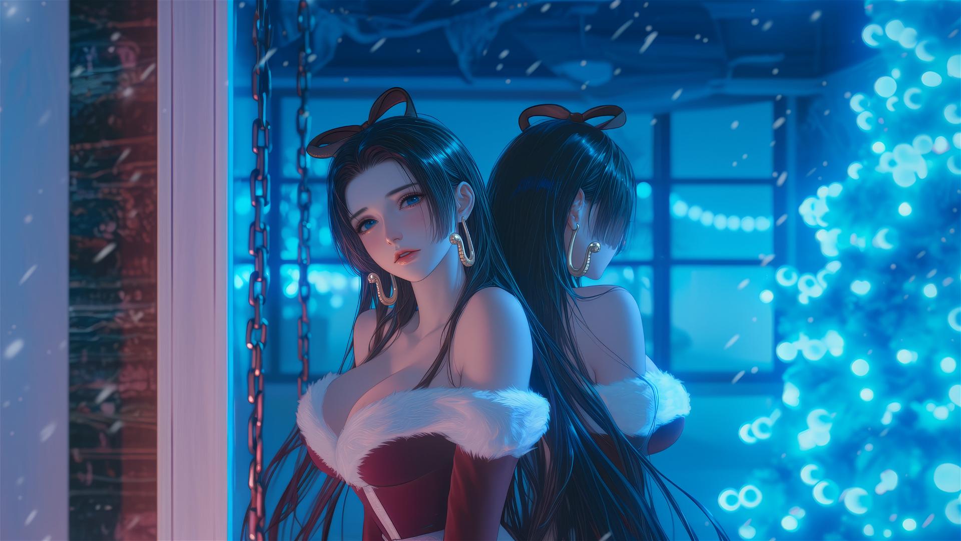 Boa Hancock in a Christmas costume, chained in a neon-lit modern hotel room.