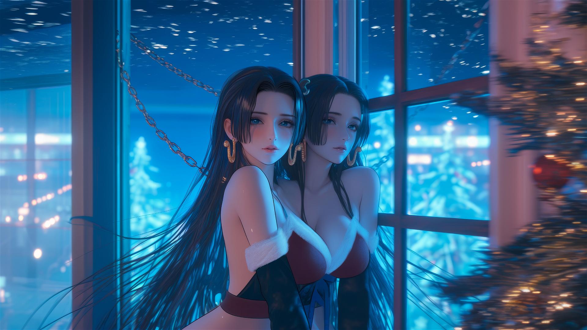 Boa Hancock from One Piece in a Christmas costume, chained, in a modern hotel room with neon lights.