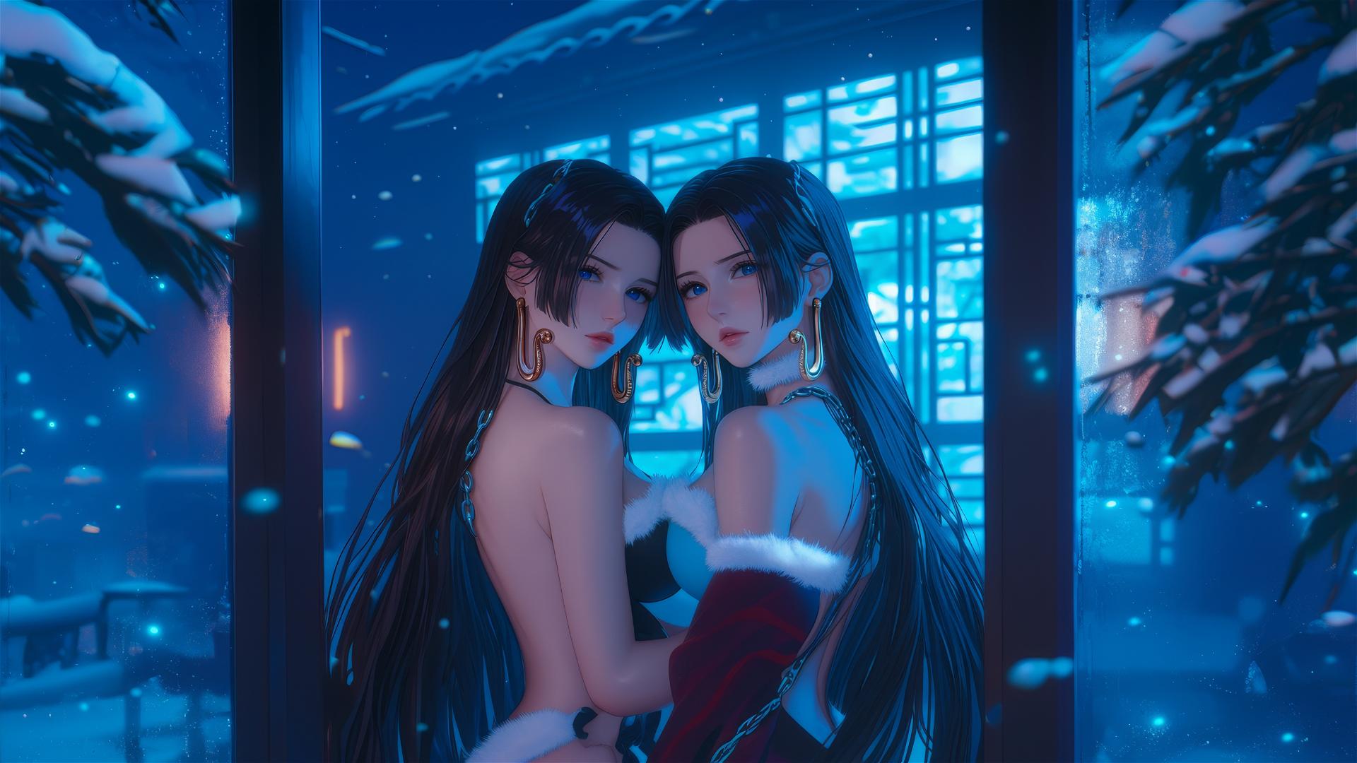 Boa Hancock in Christmas attire, chained, neon-lit hotel room