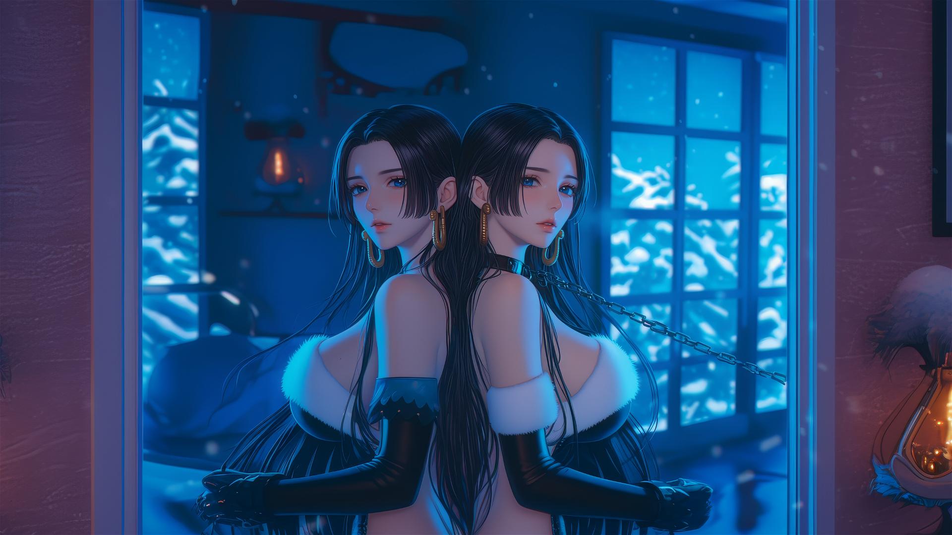 Boa Hancock in Christmas costume, chained in a neon-lit hotel room