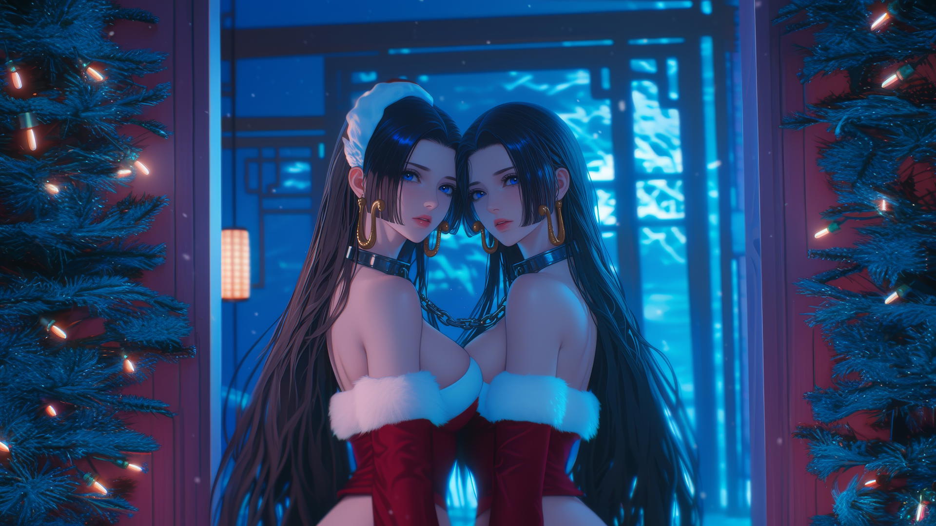 Boa Hancock in Christmas attire with neon lights in a hotel room