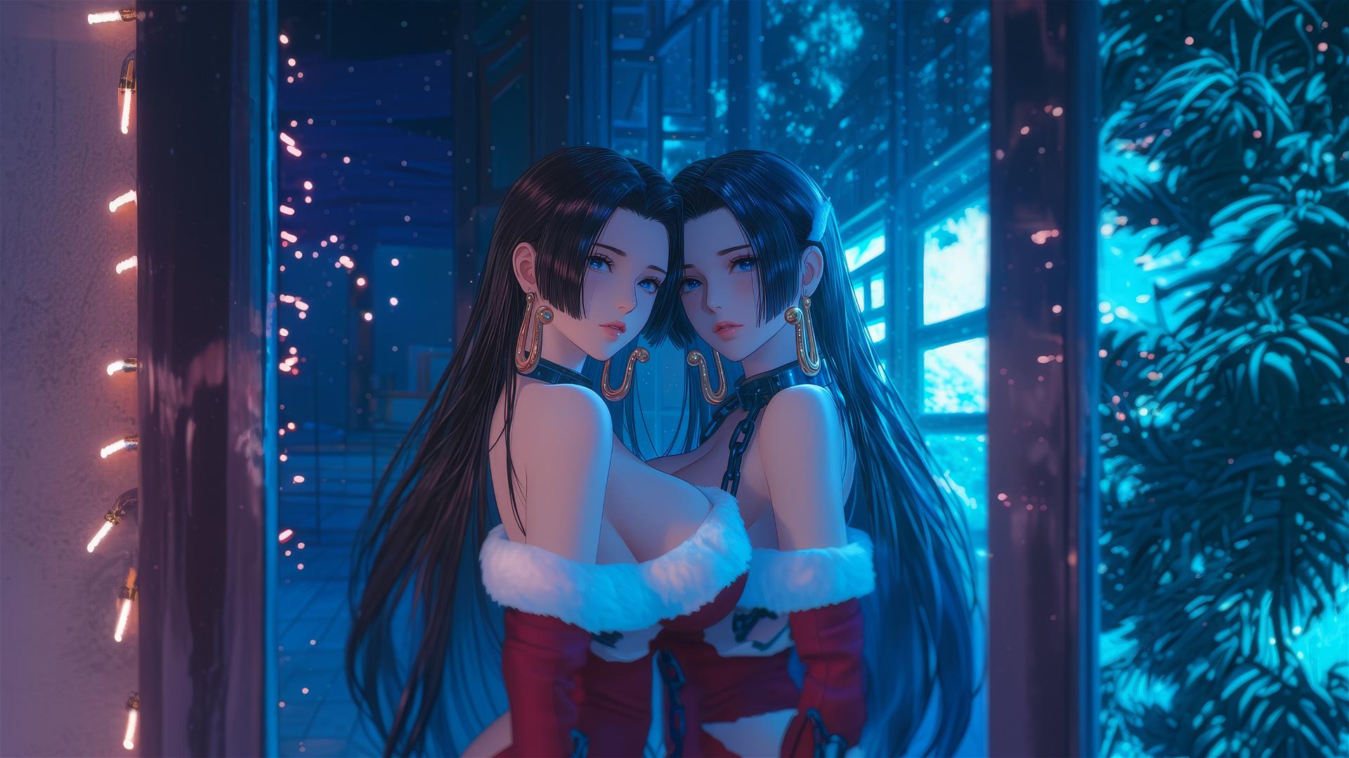 Boa Hancock in Christmas costume chained in neon-lit hotel room