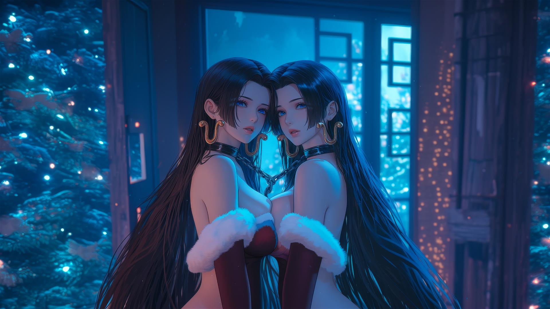 Boa Hancock from One Piece in a Christmas costume, chained in a neon-lit modern hotel room.