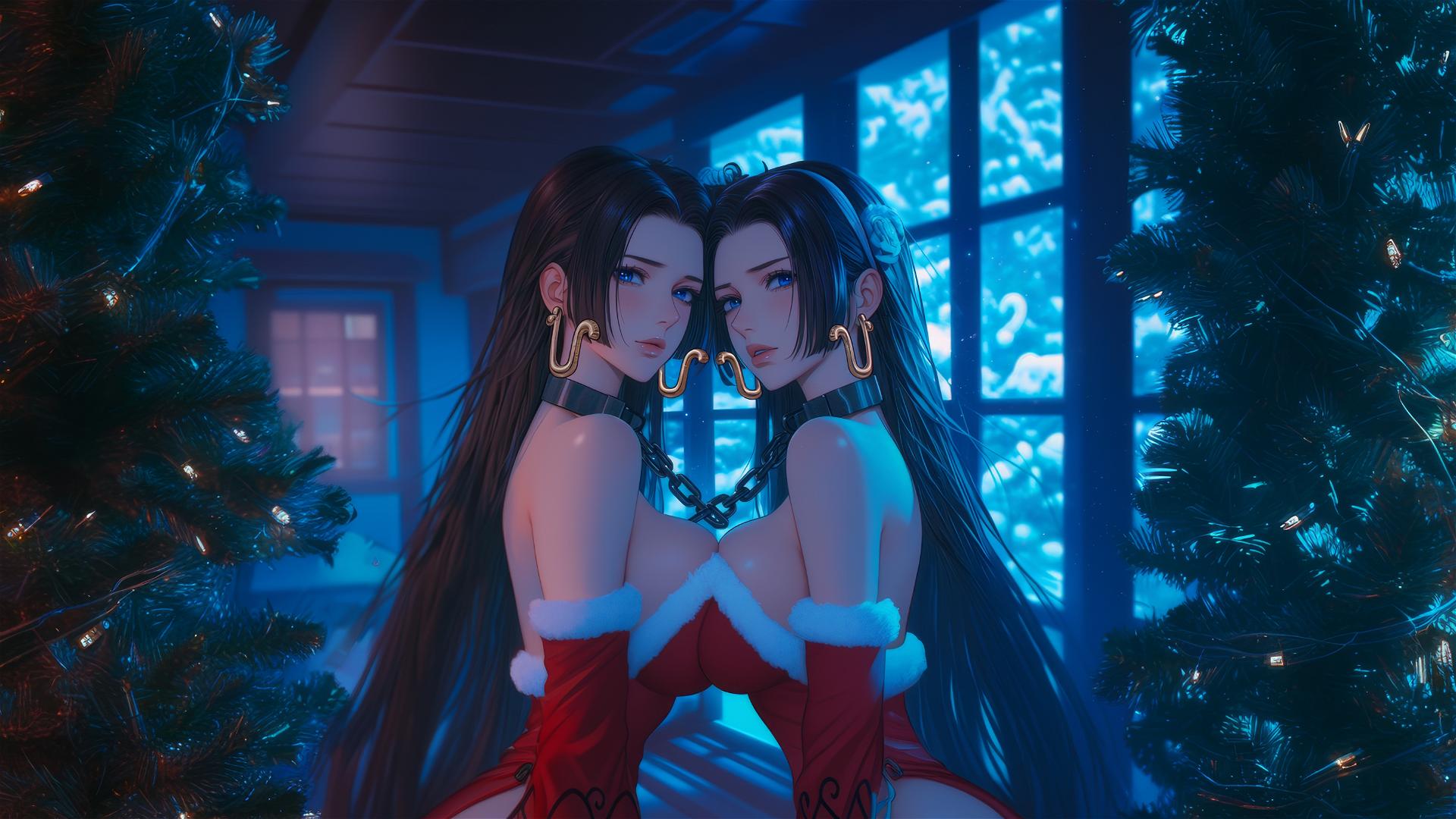 Boa Hancock from One Piece in Christmas costume, iron chains, neon light.