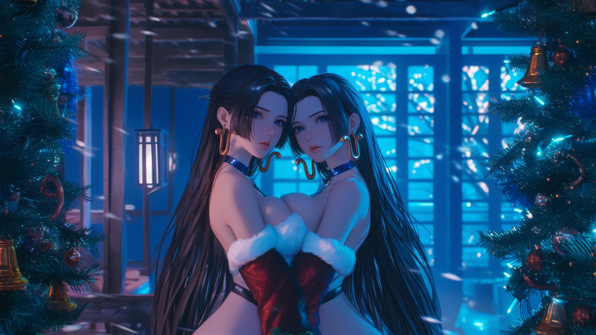 Boa Hancock in Christmas attire, bound with chains in a neon-lit hotel room.