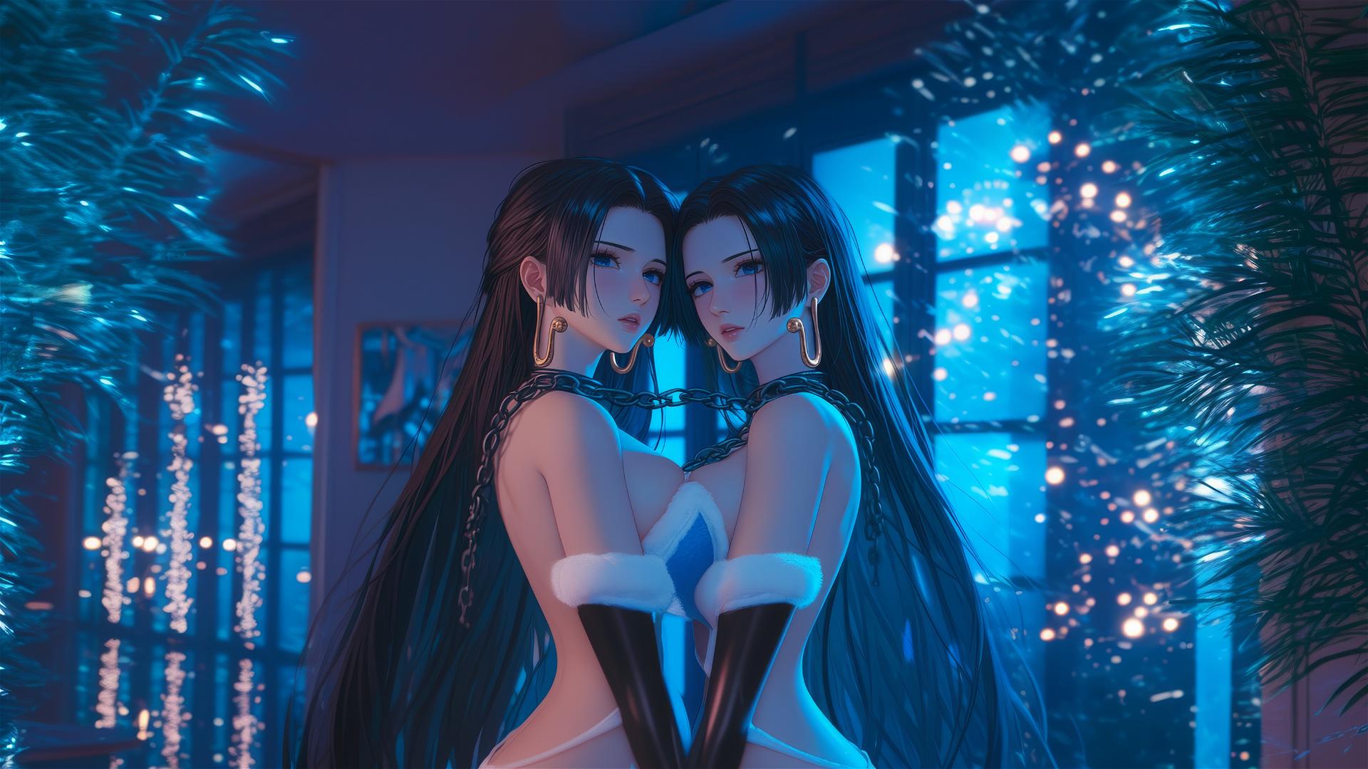Boa Hancock in Christmas costume chained in modern hotel with neon light
