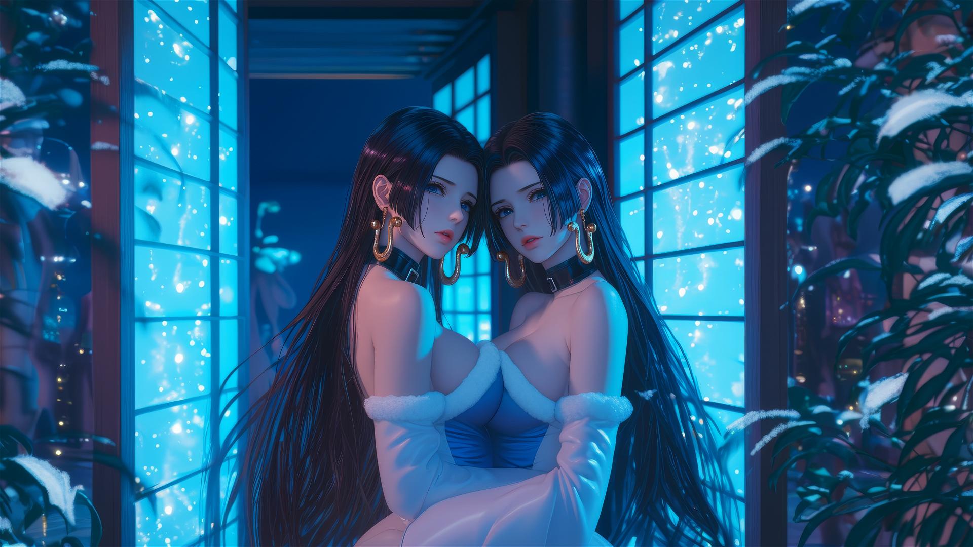 Boa Hancock in Christmas costume, chained, in neon-lit hotel room with pink background.