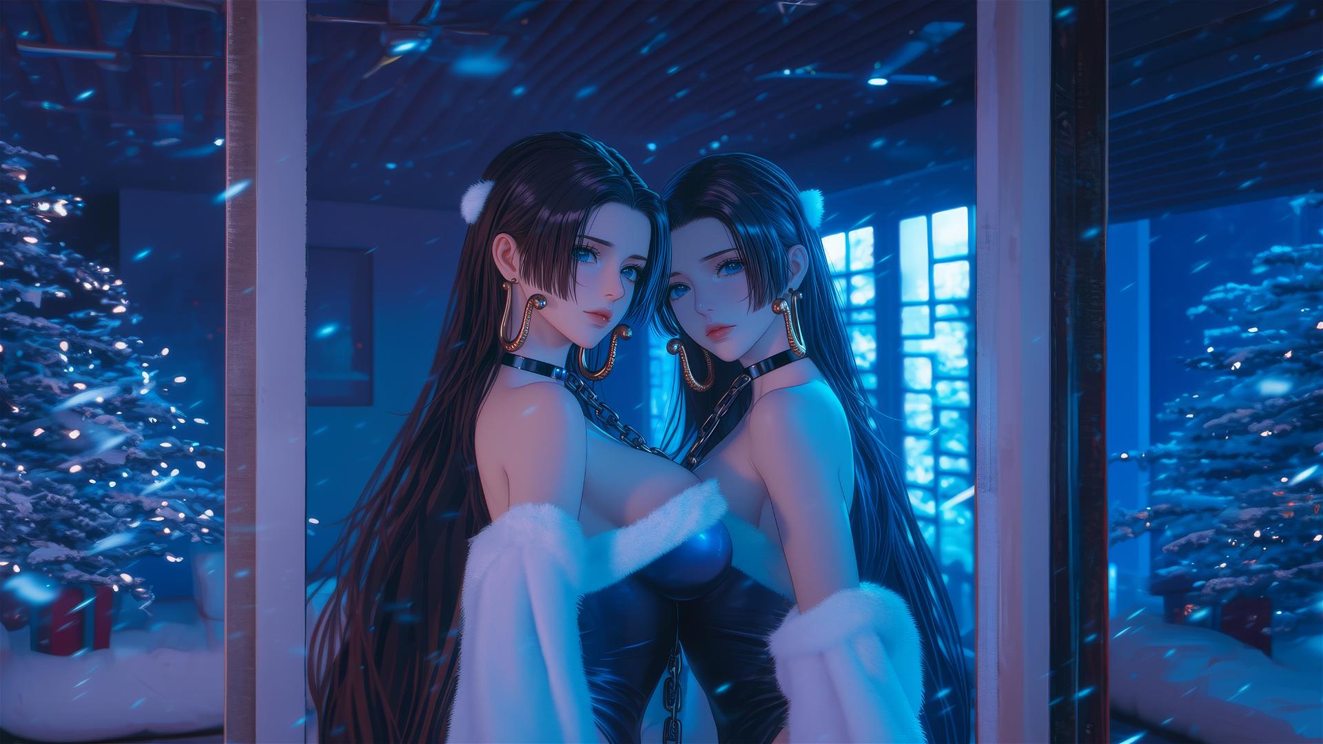 Boa Hancock from One Piece in a Christmas costume, chained in a neon-lit hotel room.