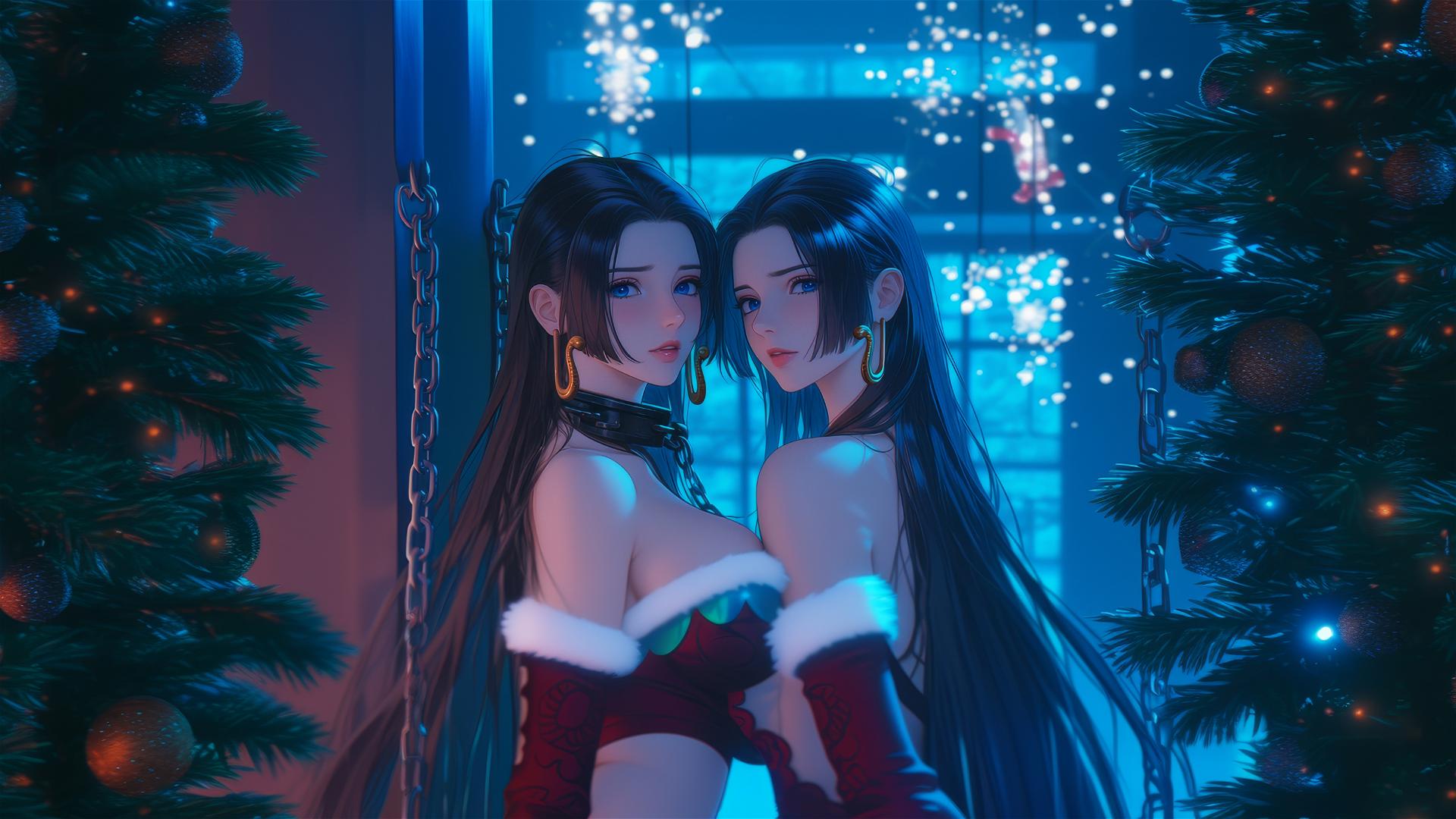 Boa Hancock in Christmas costume chained in neon-lit hotel room