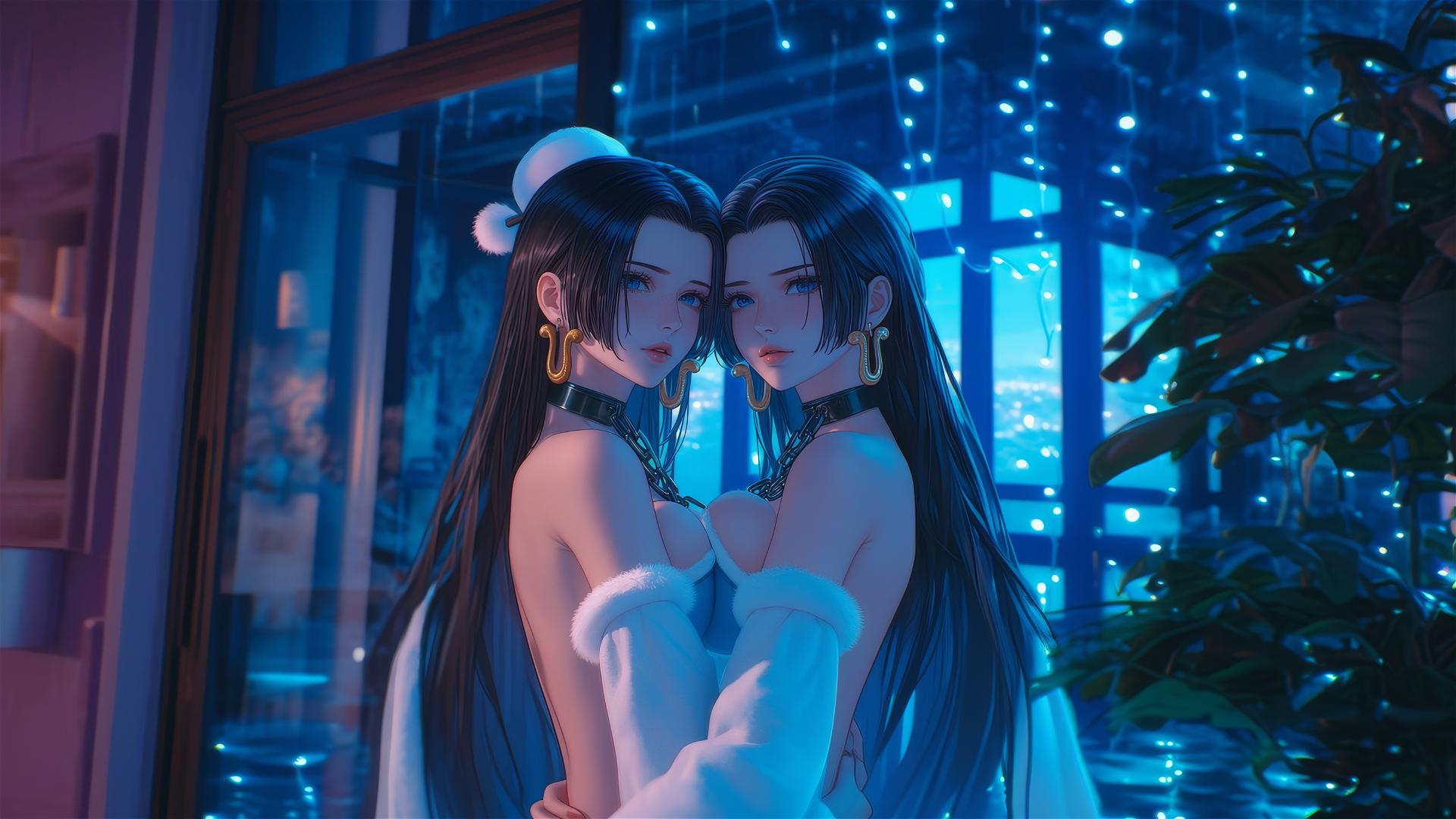 Boa Hancock in Christmas costume, chained in a modern hotel room with neon lights