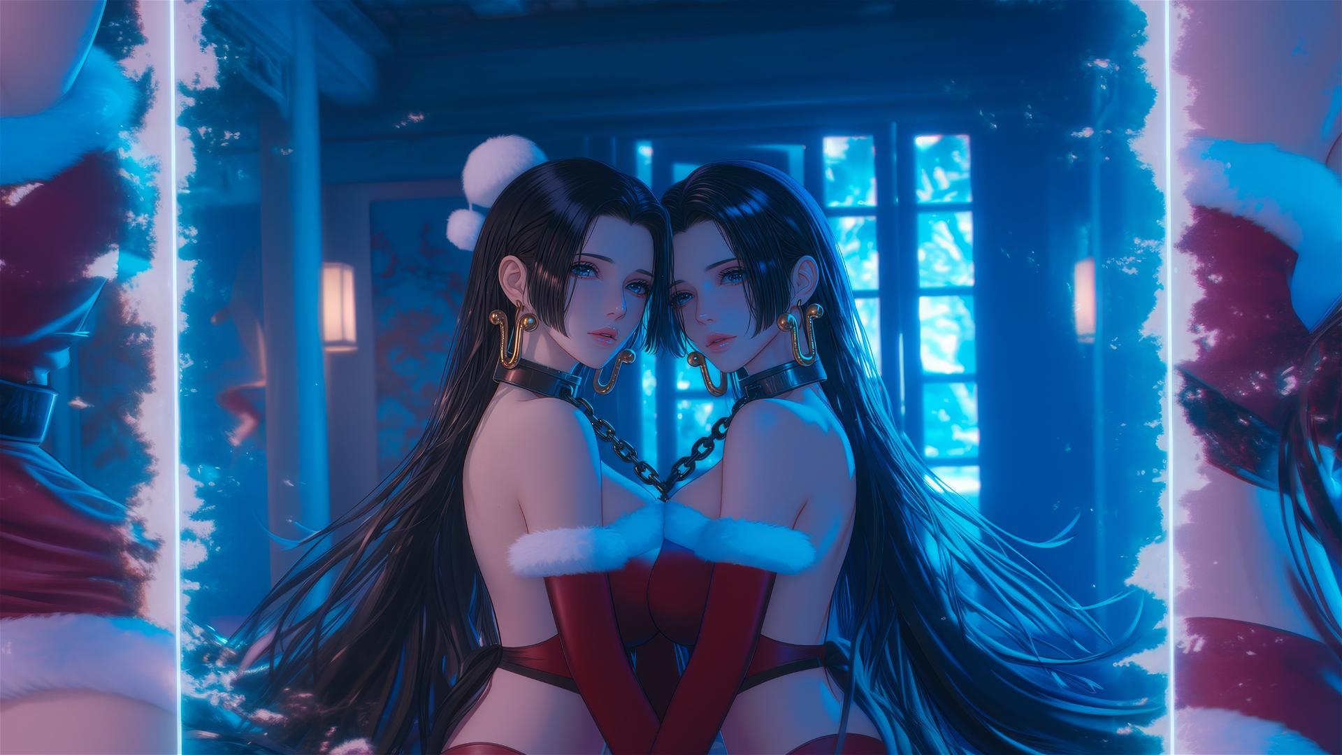 Boa Hancock in Christmas costume, chained, neon-lit modern hotel room.
