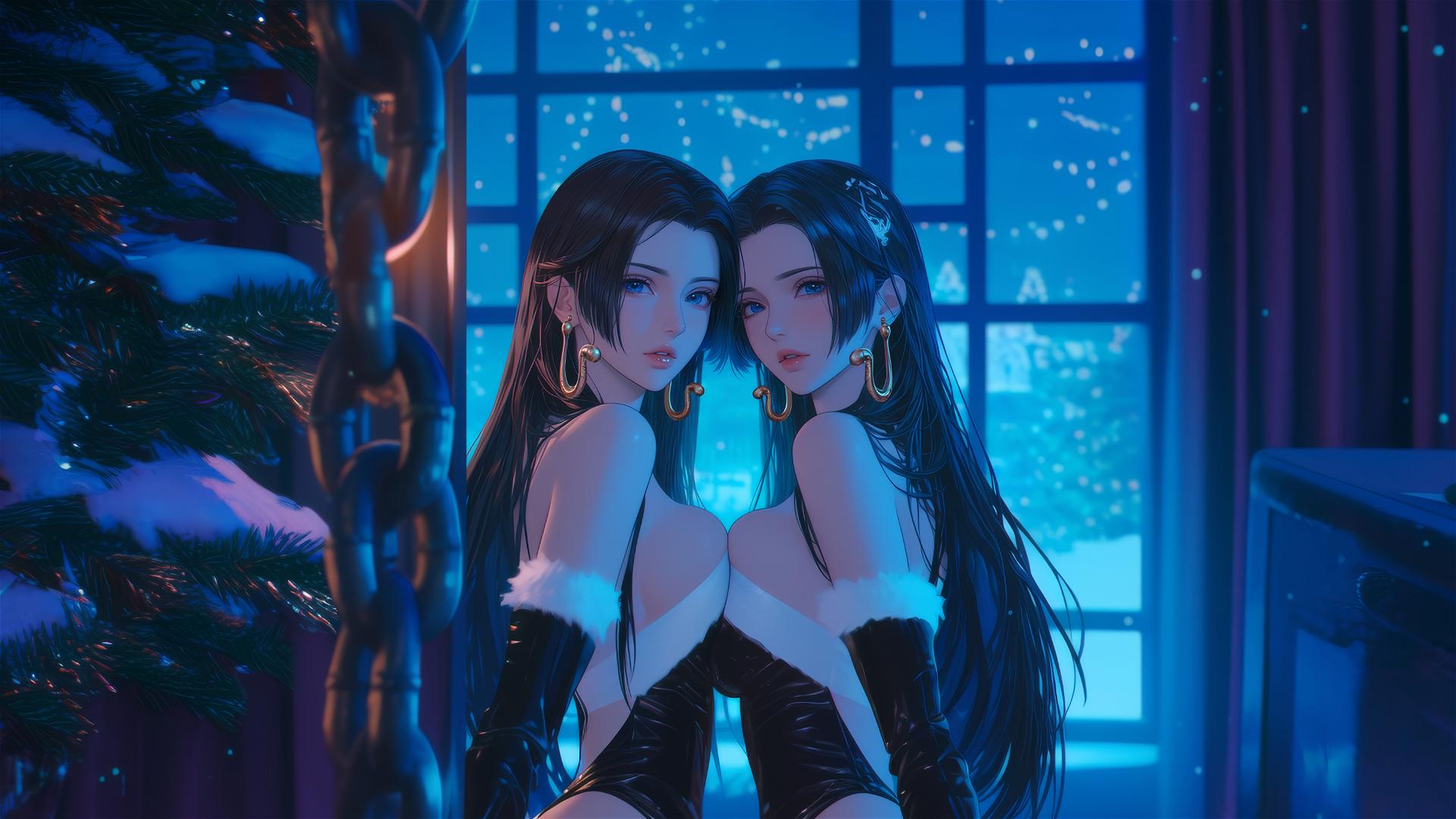 Boa Hancock in Christmas costume, chained, neon pink background, modern hotel