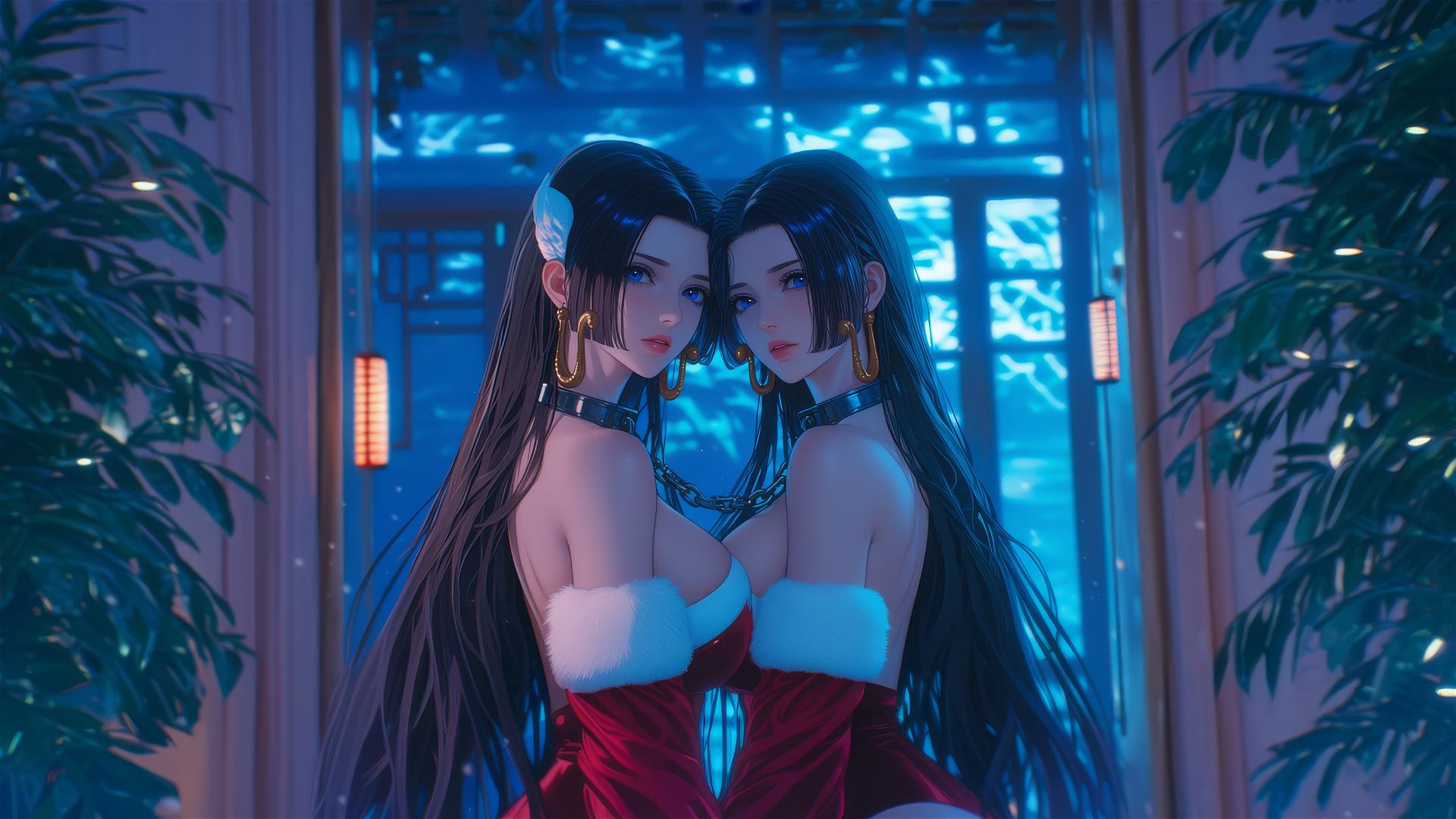 Boa Hancock in Christmas costume chained in modern neon-lit room