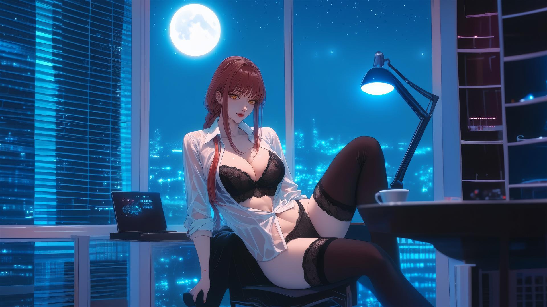Makima from Chainsaw Man in a modern office, reddish hair, moonlit.
