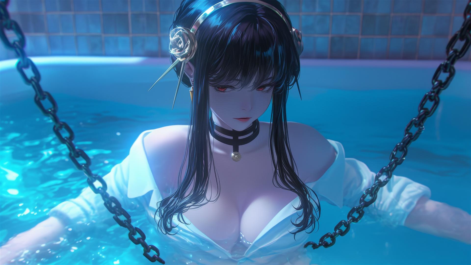 Yor Forger in white office shirt chained by thick iron chains at a tub with neon light.