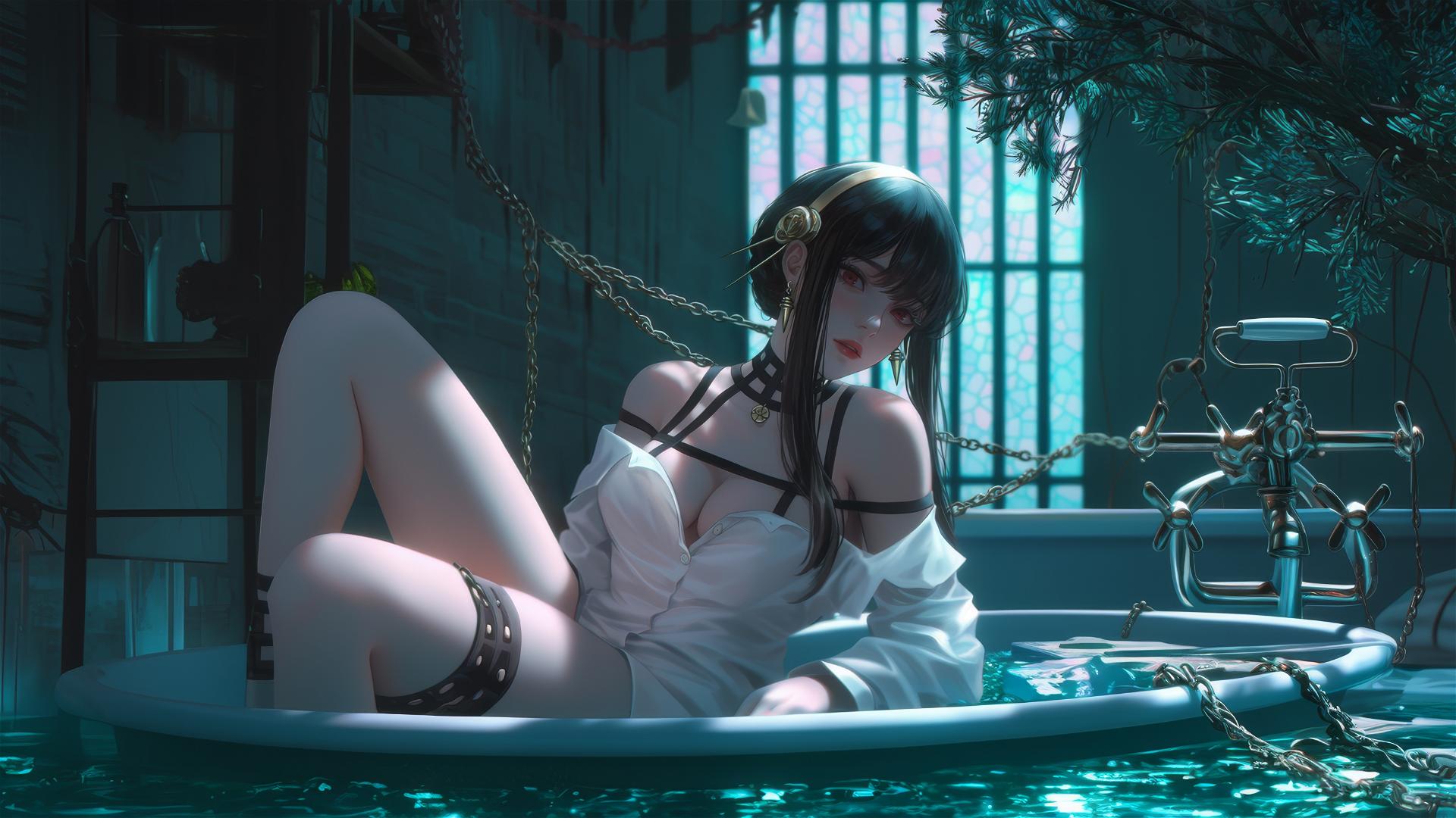 Yor Forger from Spy x Family chained in a tub with neon glow