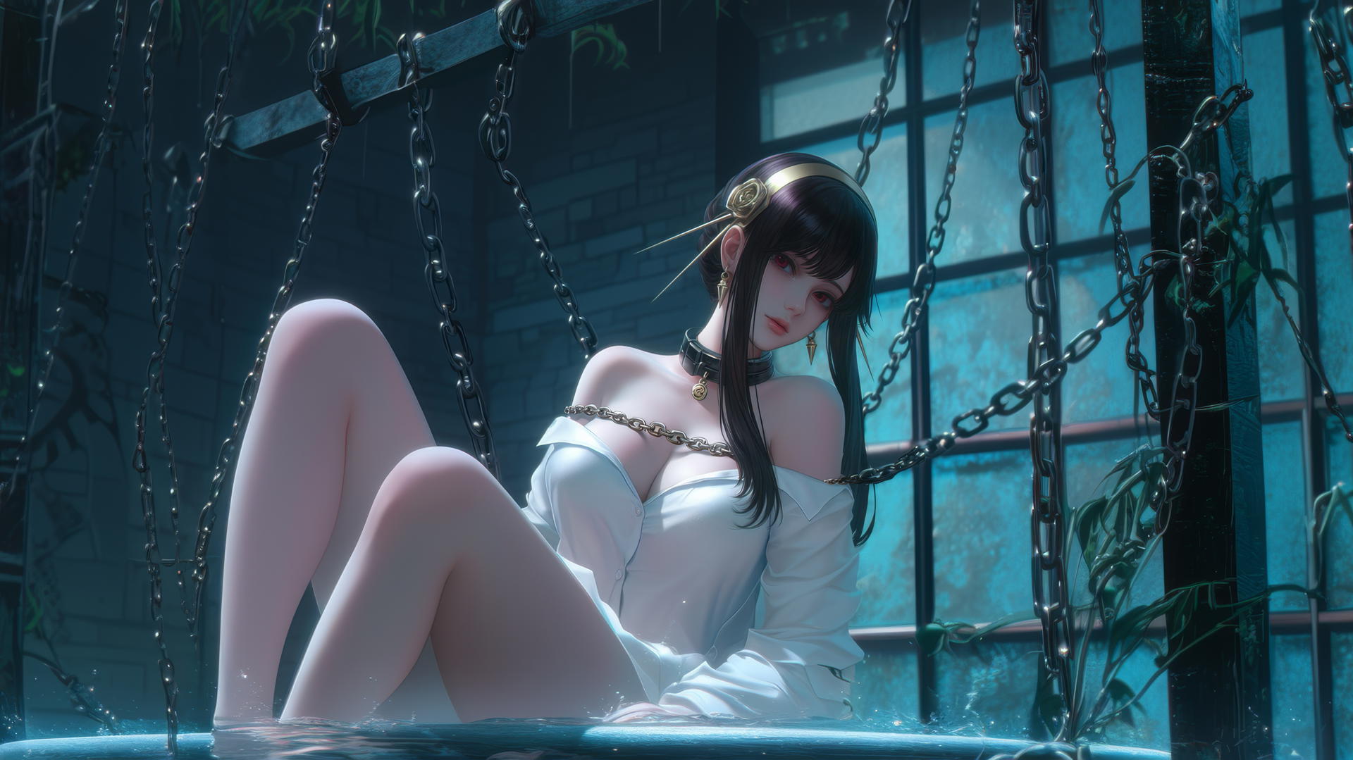 Yor Forger from Spy x Family in chains, neon light, white shirt, thigh focus