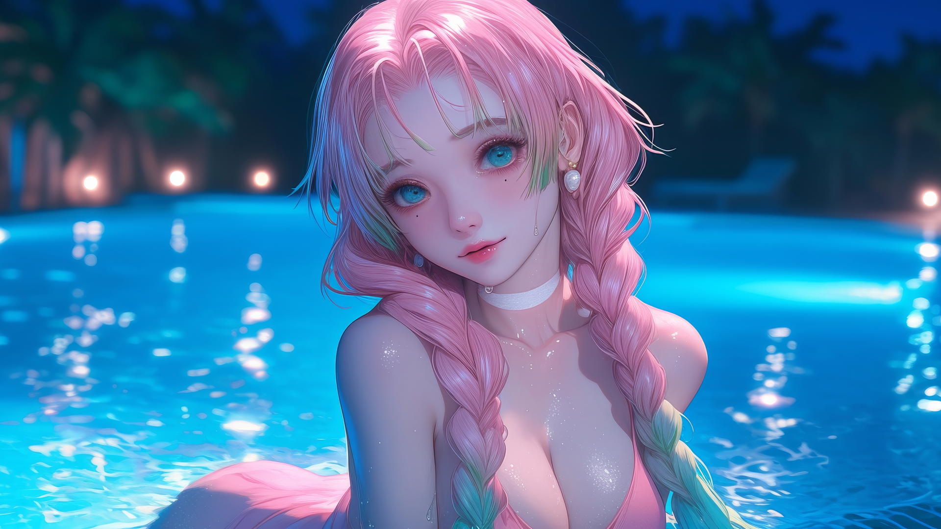Mitsuri Kanroji resting by a rainy pool with moonlight, pink dress, thigh focus