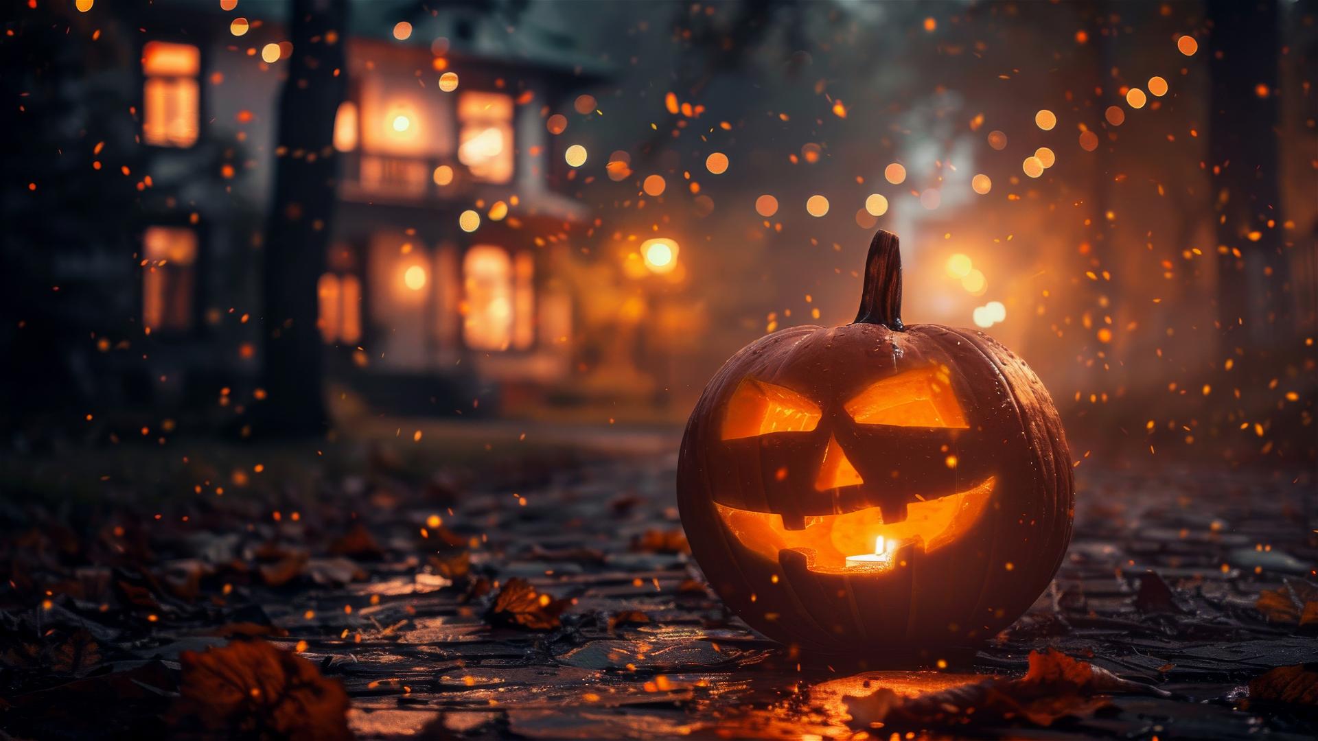 Spooky Halloween scene with pumpkins and eerie atmosphere