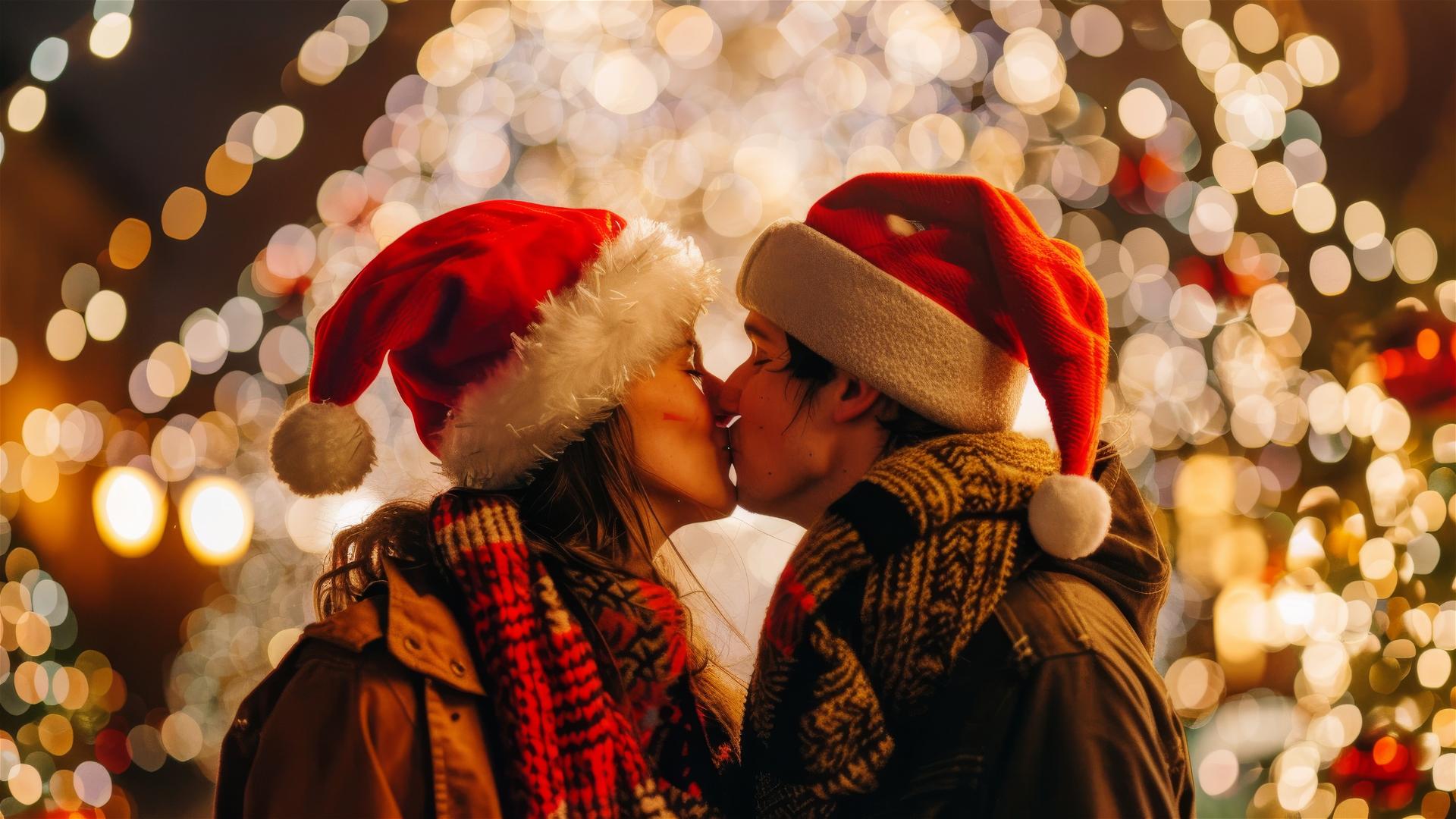 Two lovers kissing in Christmas outfits