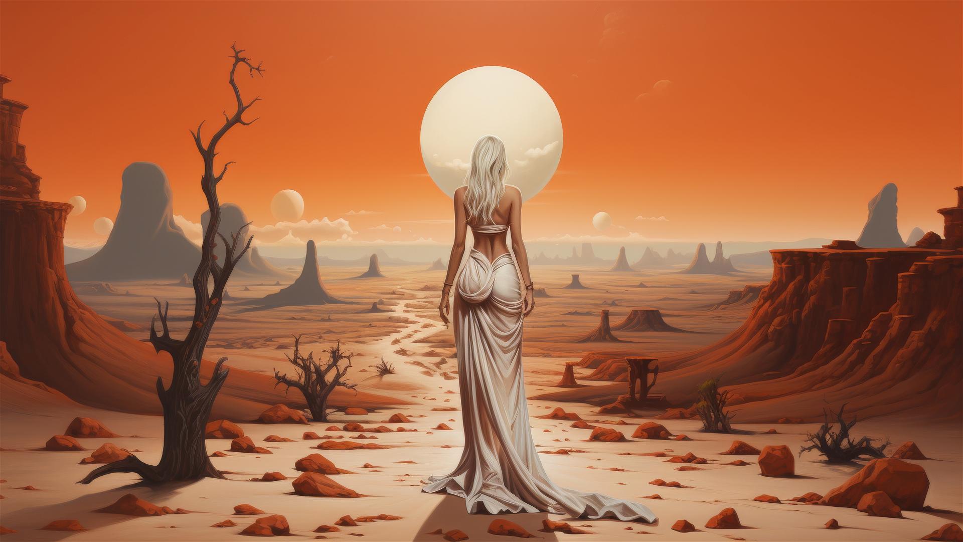 Surreal oil painting of white-haired woman in terracotta dress in desert