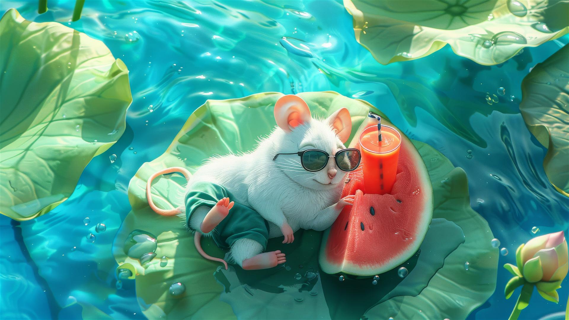 White mouse in green shorts with sunglasses on lotus leaf, drinking juice next to watermelon