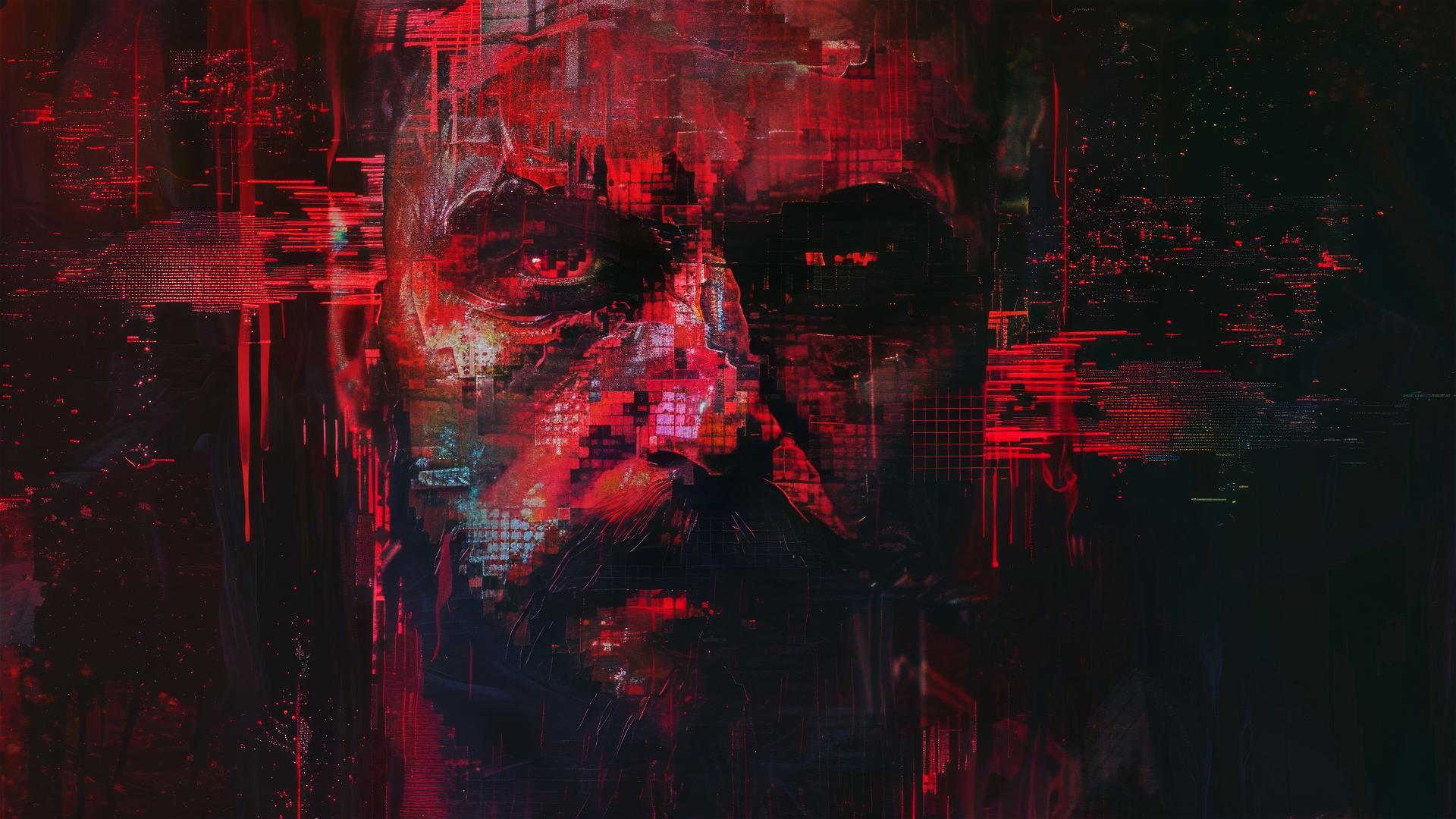 Creepy VHS-glitch portrait of a bearded man with red cybernetic eyes