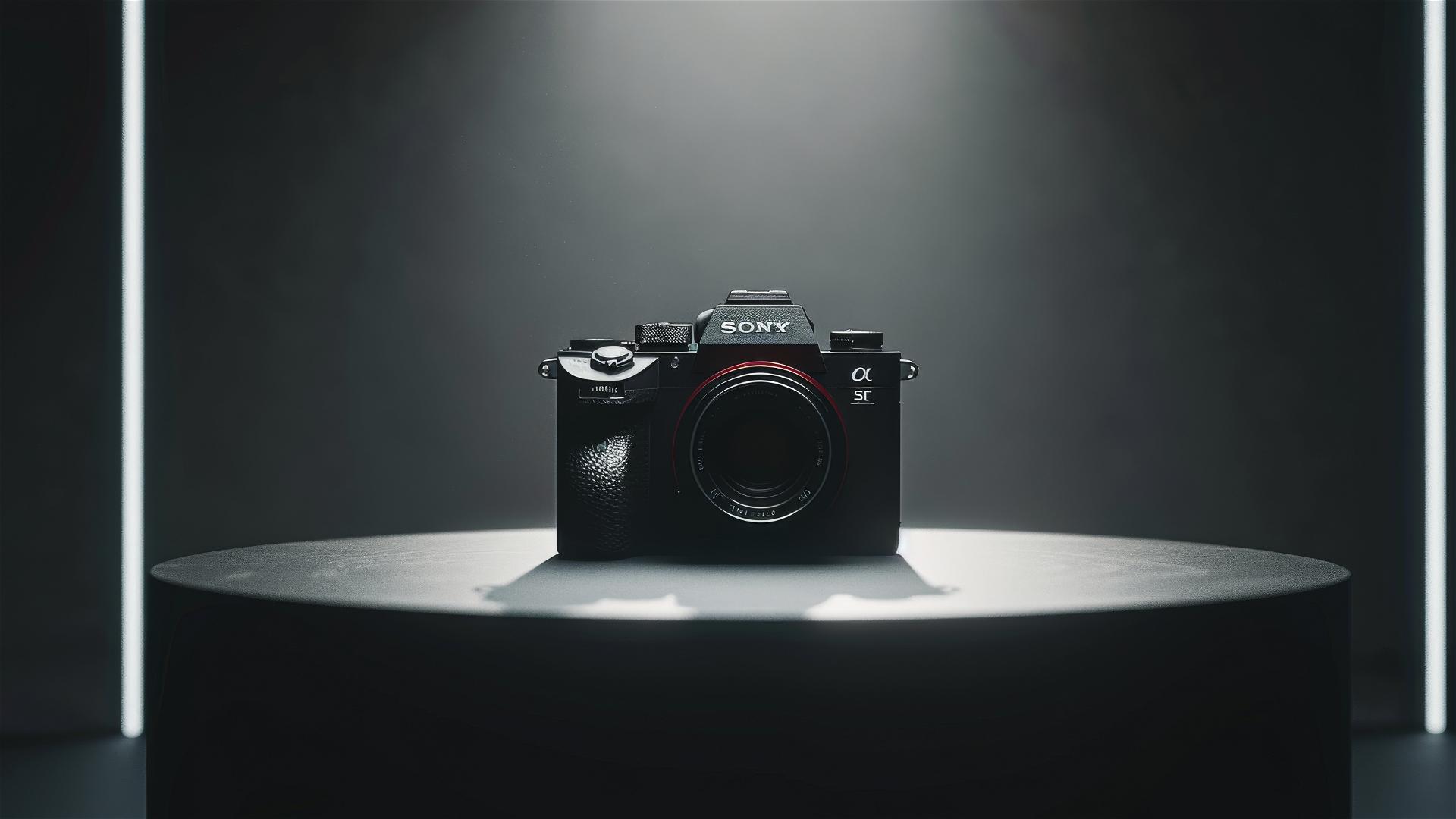 Sony Alpha camera on a black and white round table under studio lights