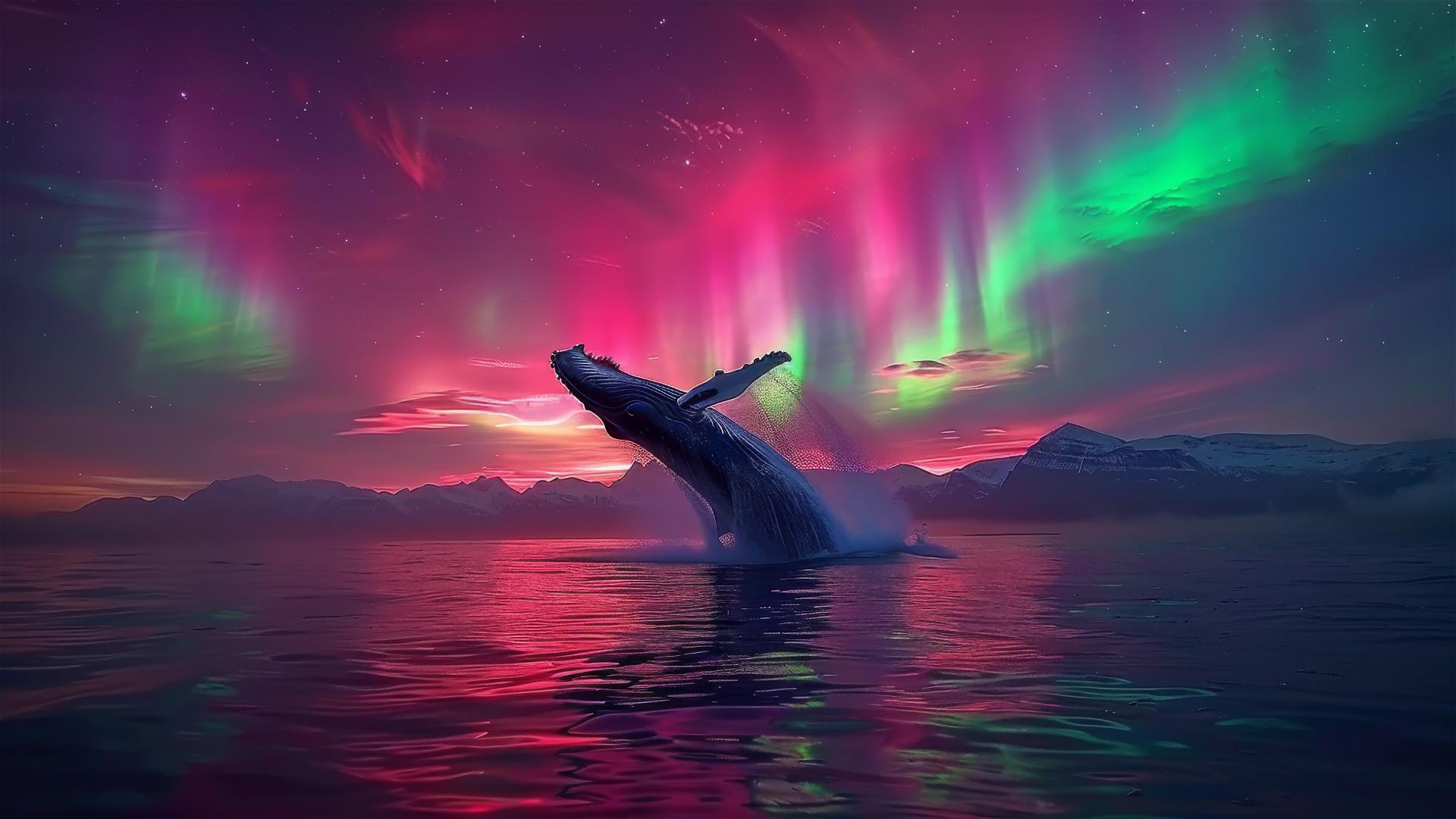 Humpback whale breaching under aurora borealis night sky.