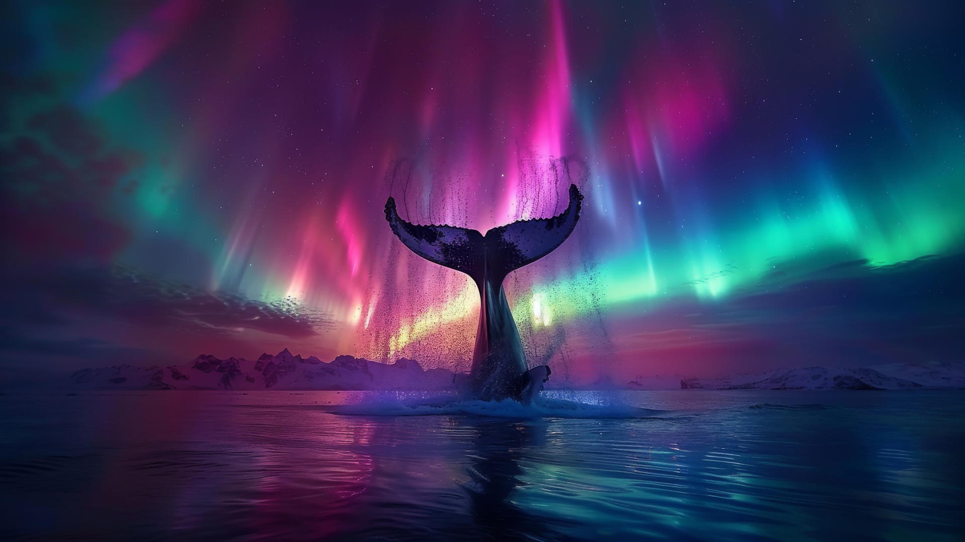Humpback whale breaching under vibrant aurora borealis in a night sky