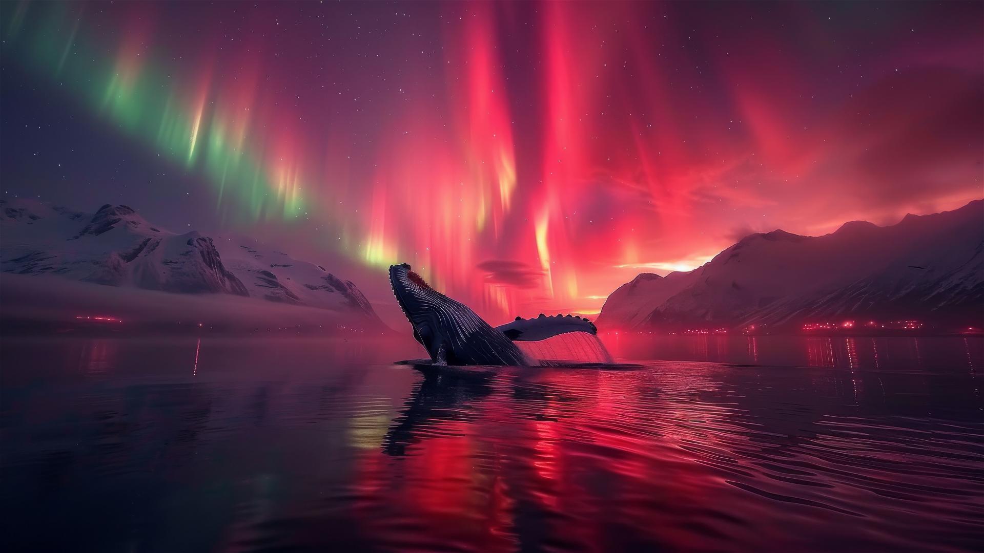 Humpback whale breaching under aurora borealis with vibrant colors over ocean