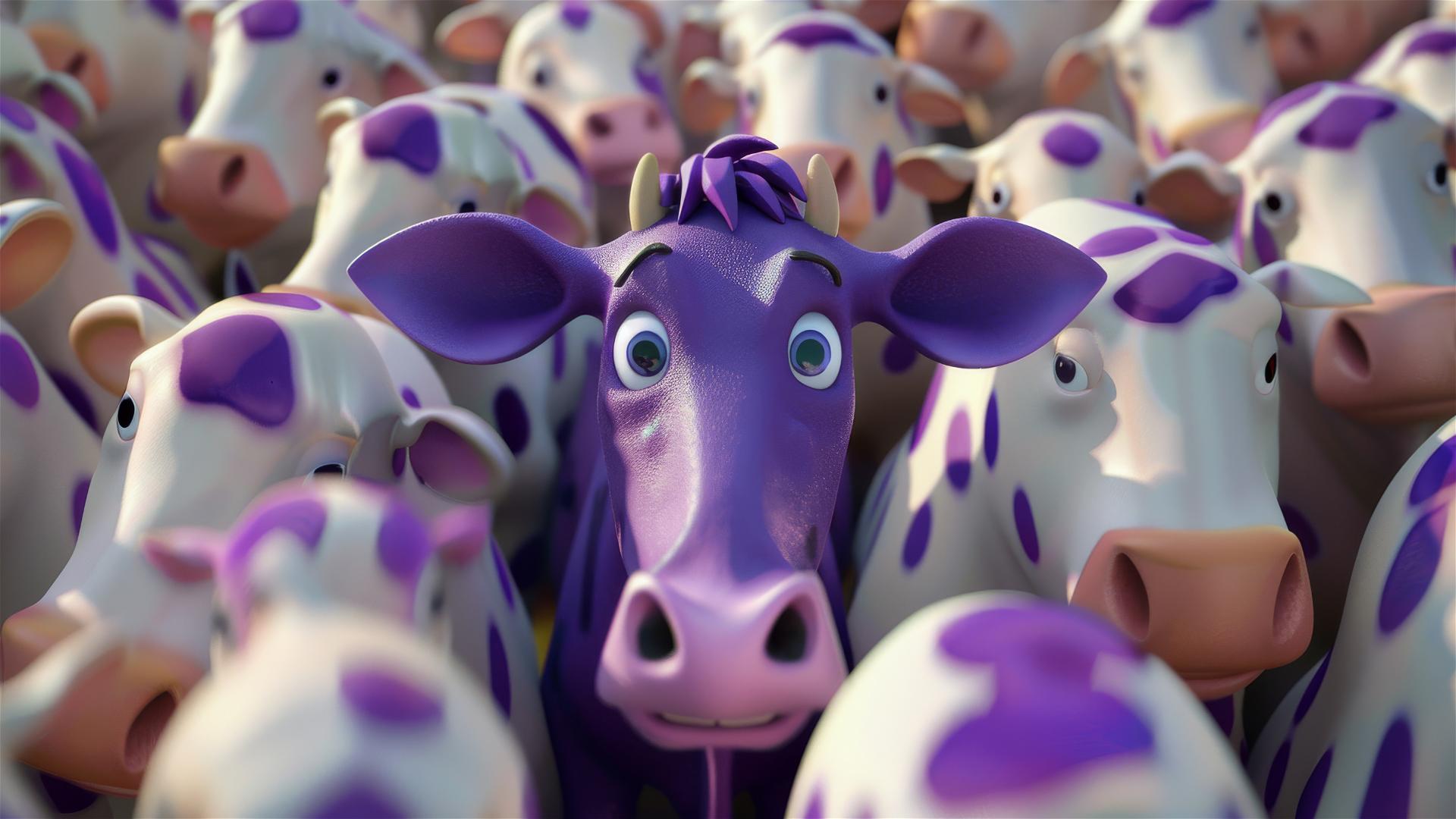 A purple cow among plain colored cows in a Disney Pixar 3D cartoon style.