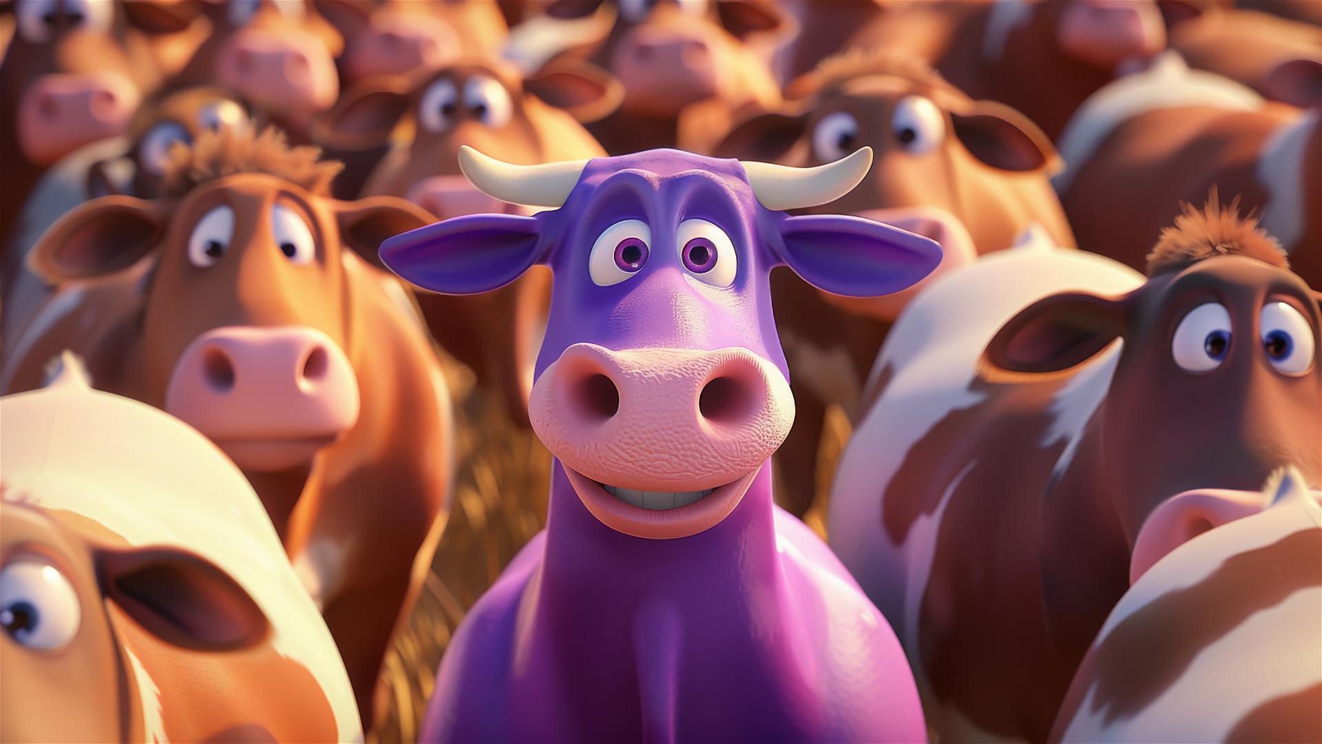 Purple cow among plain cows in Disney Pixar style, 3D rendered
