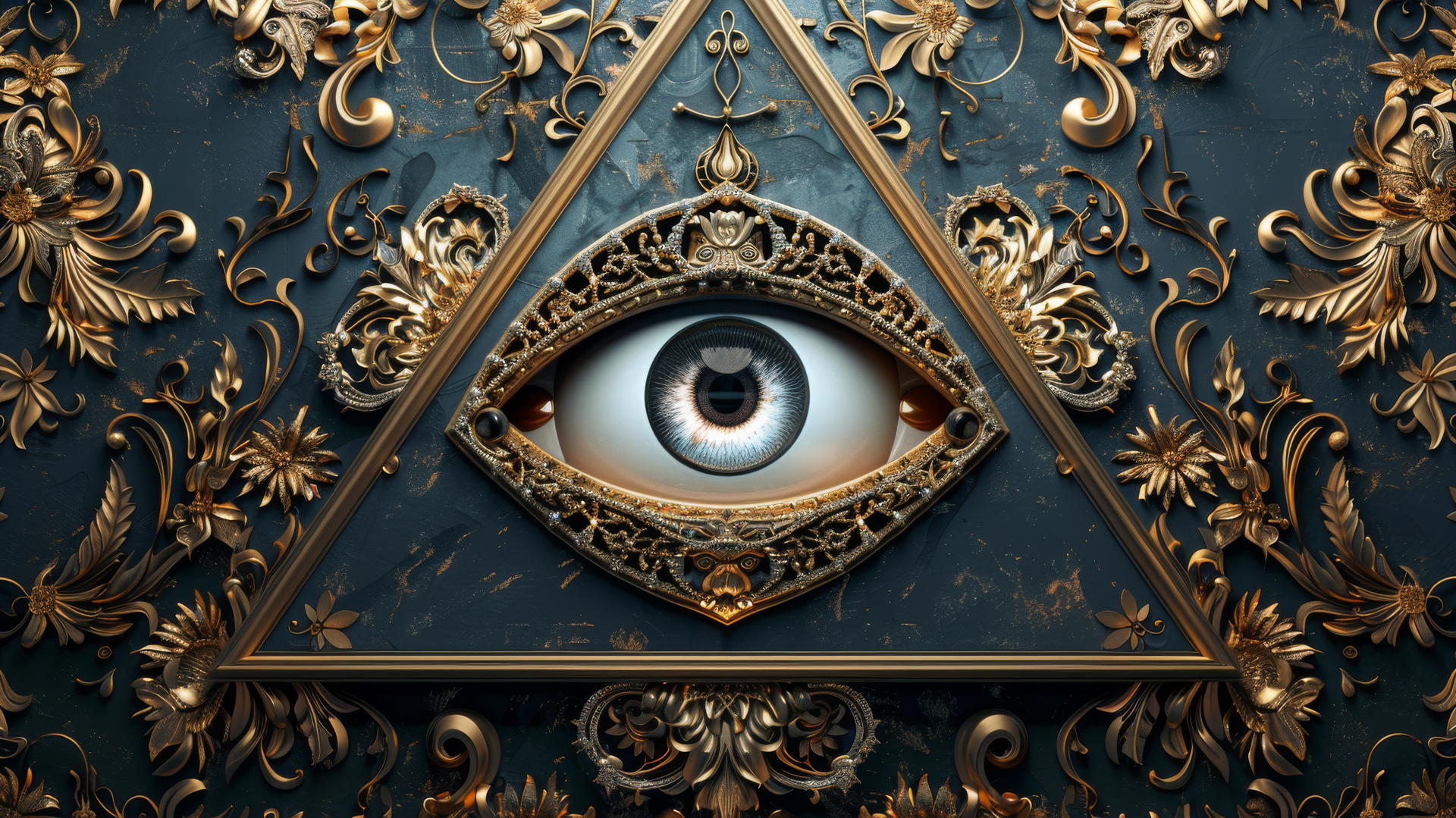 Illuminati pyramid with all-seeing eye featuring dark blue and gold ornate Art Nouveau design
