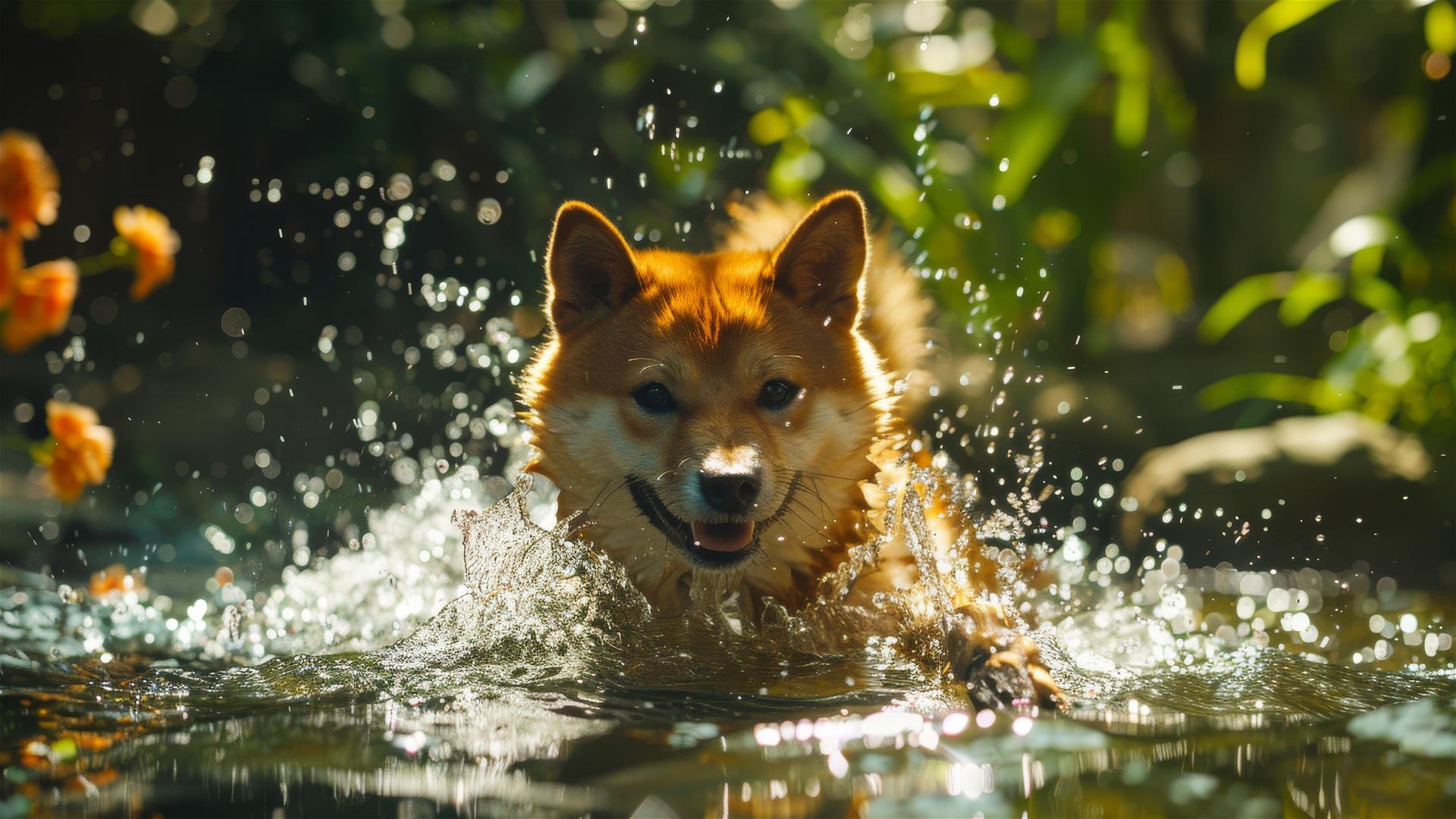 Shiba Inu swims in a clear, azure pond surrounded by vibrant flowers and lush greenery