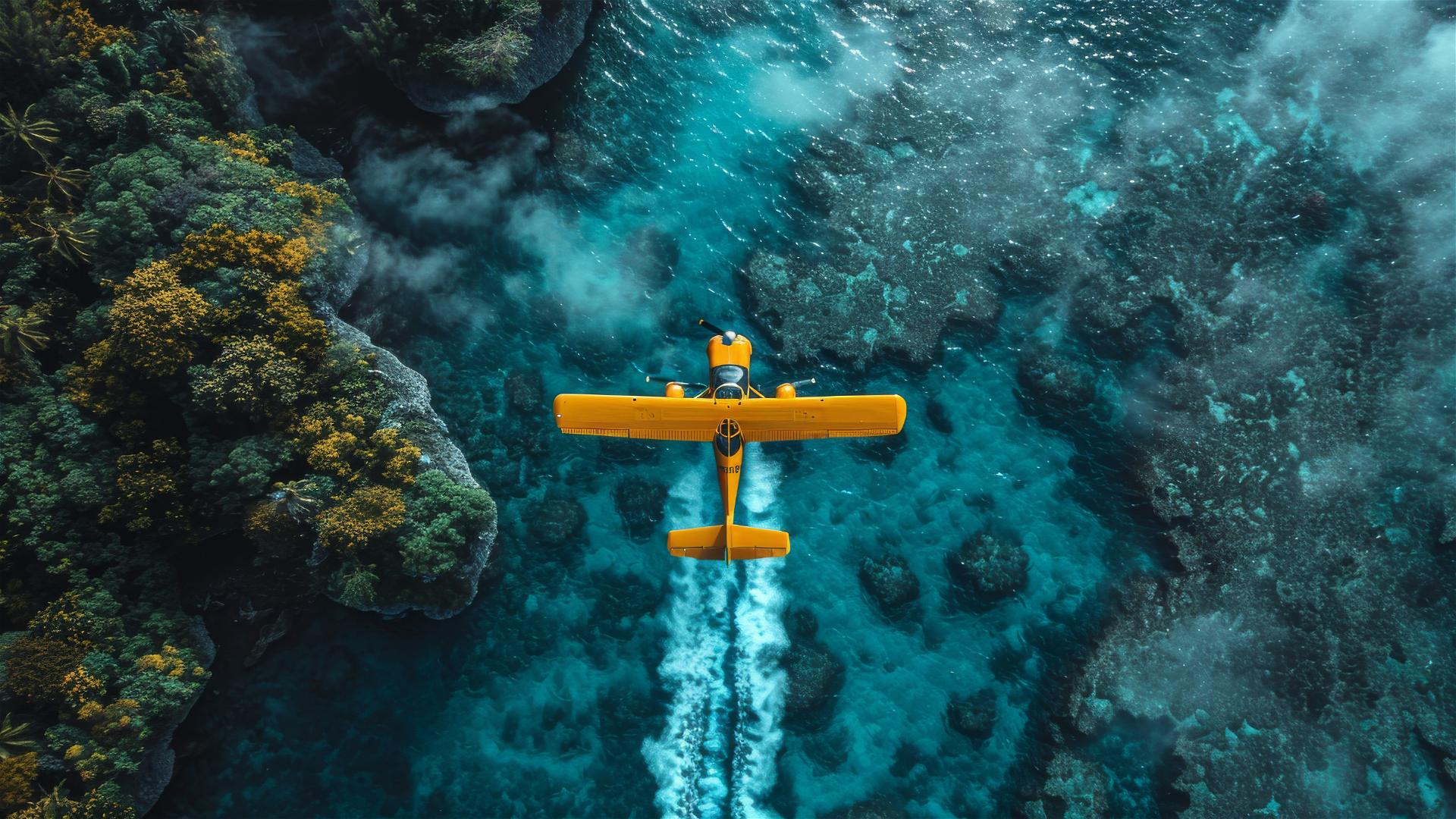 Aerial view of yellow seaplane over the Great Cameron Reef with white contrail.
