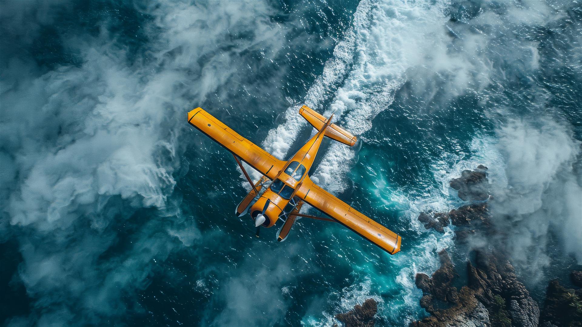 Aerial shot of a yellow seaplane over Cameron Reef with surreal touch