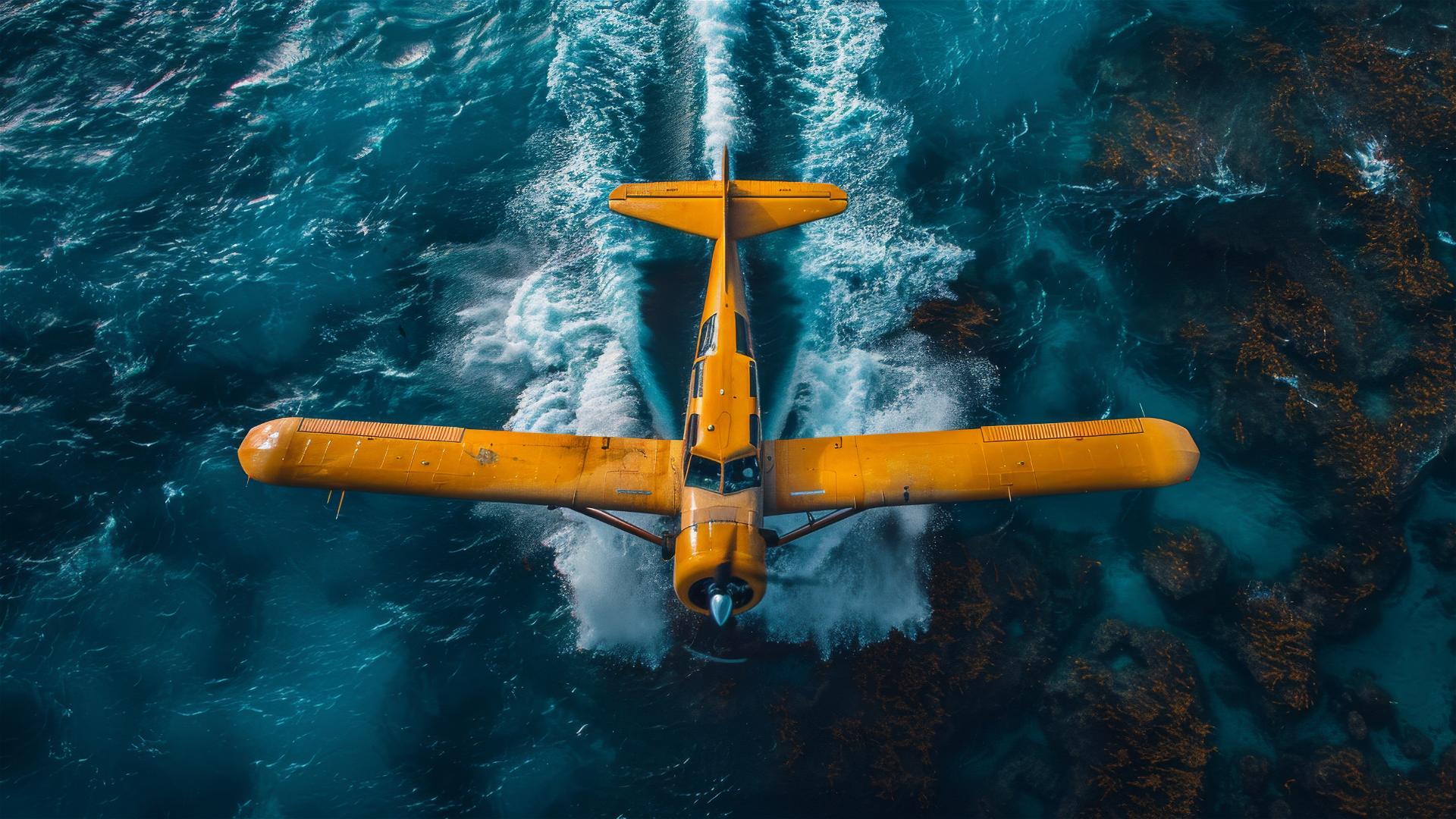 Yellow seaplane flying over Cameron Reef, minimalist style and surreal touch.