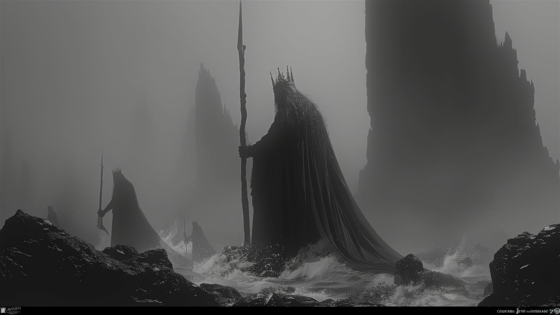 Haunting woman with crown and spear in dark, foggy, grayscale scene
