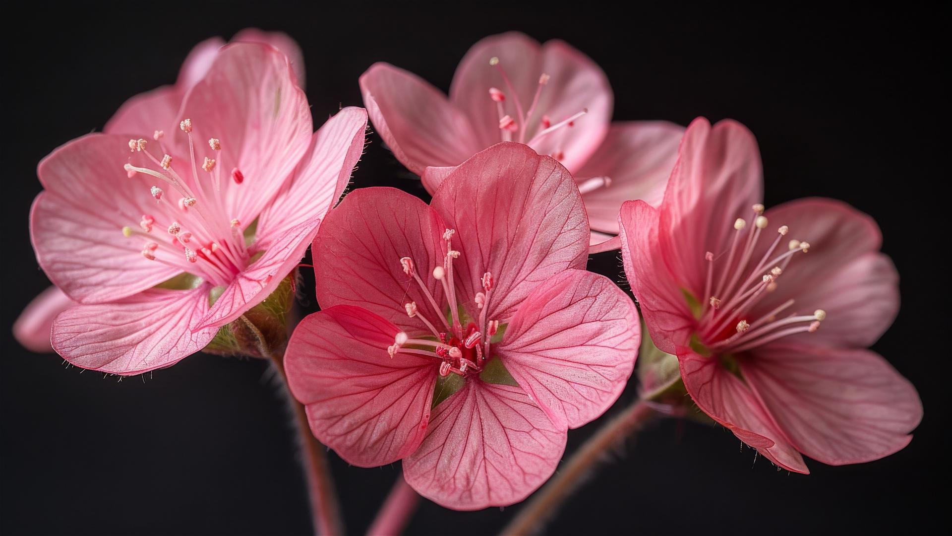Pink wildflowers with six petals on a black background in full bloom