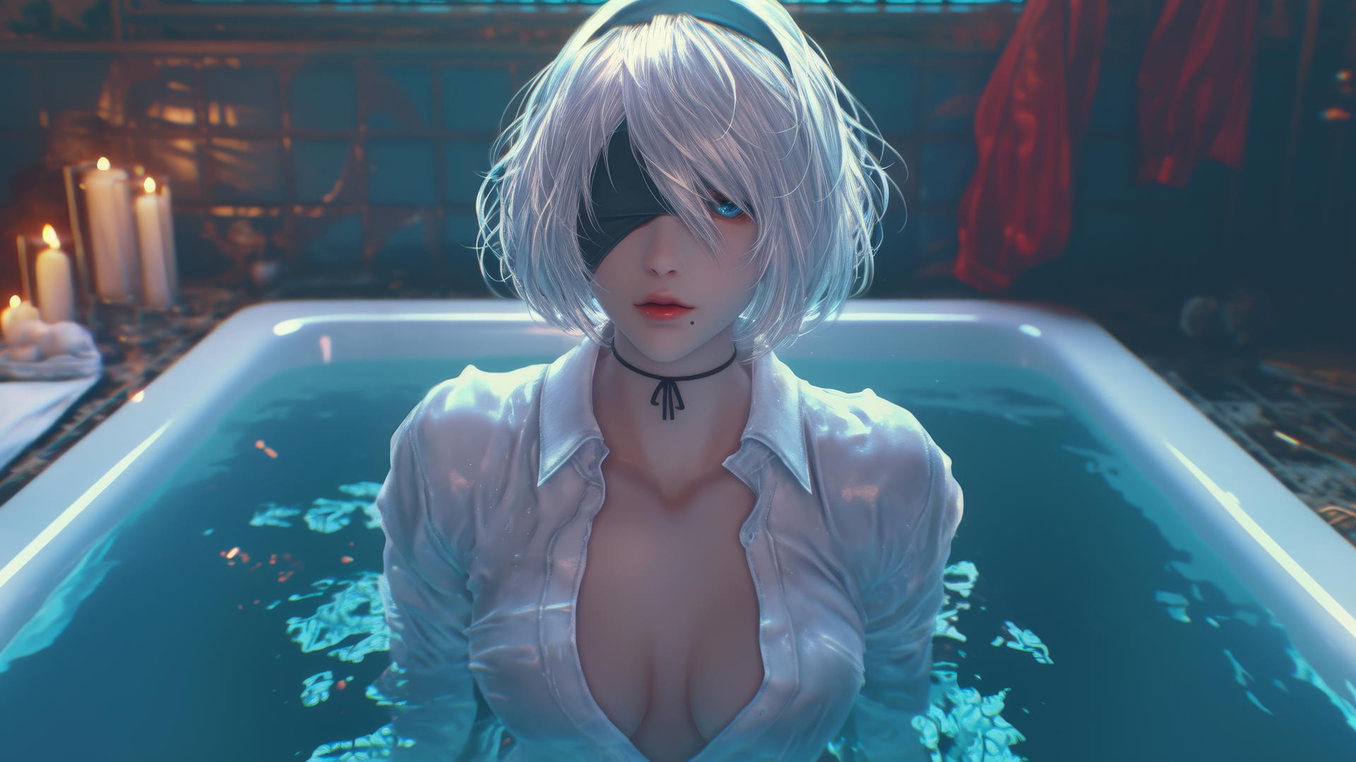 2B from Nier in a white shirt with blindfold, neon-lit hotel room
