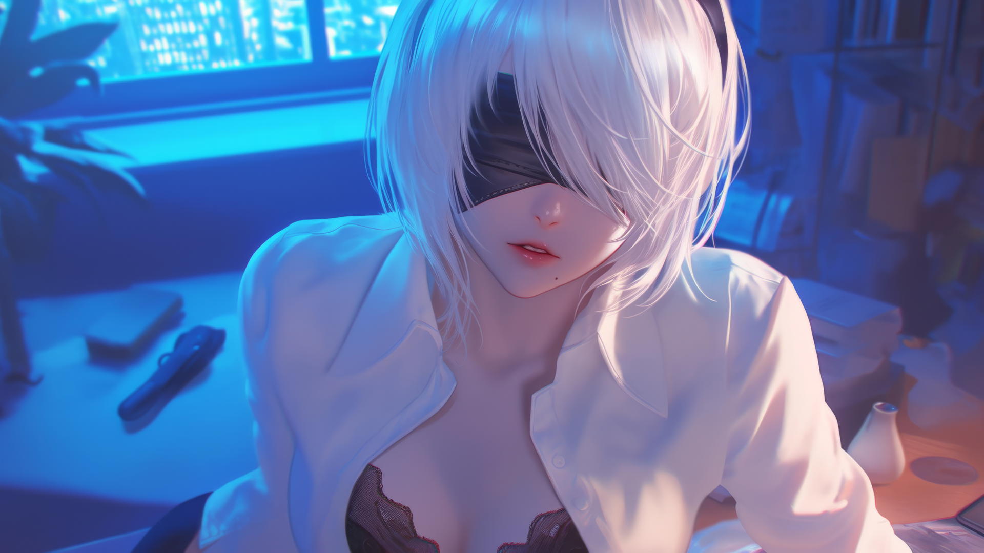 2B from Nier wearing a white office shirt and black blindfold, looking up, neon-lit modern hotel room
