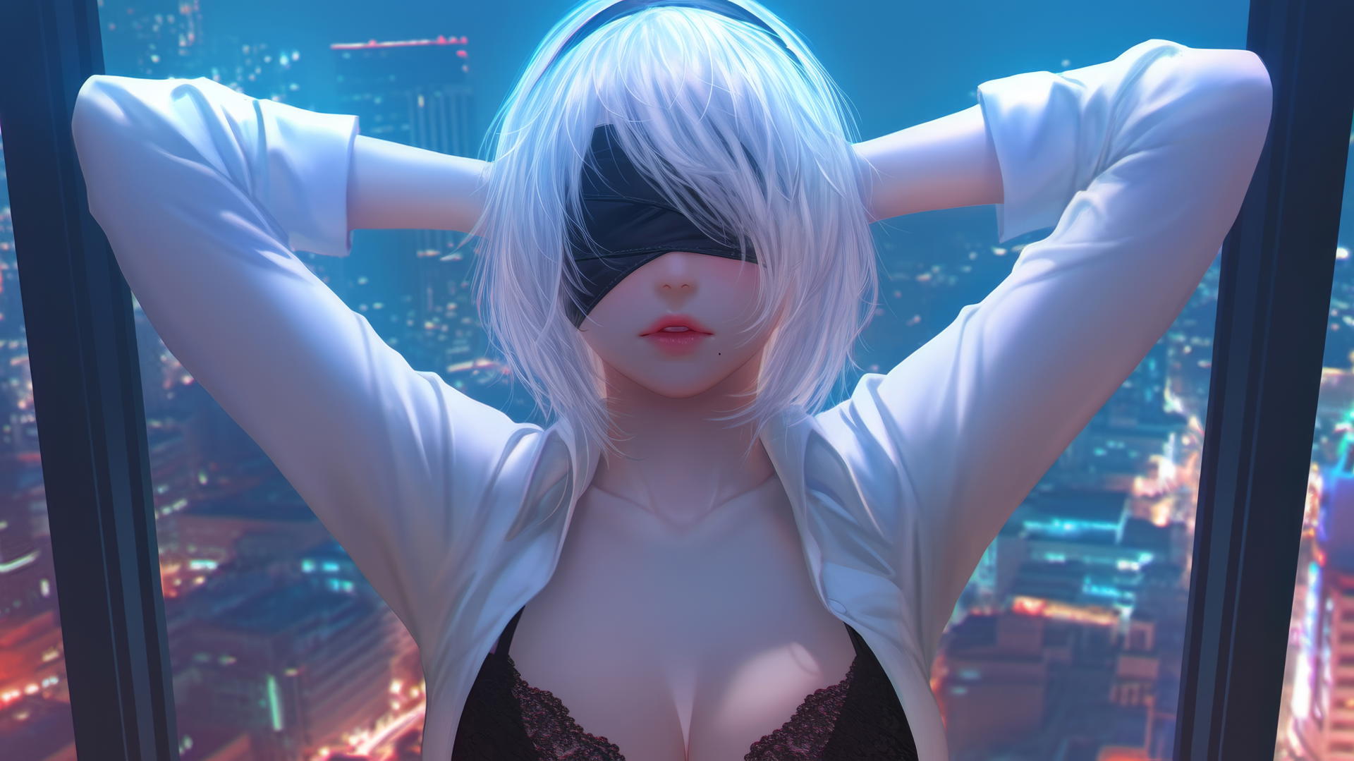 2B from Nier seen from above, wearing white office shirt and blindfold, neon-lit modern hotel room