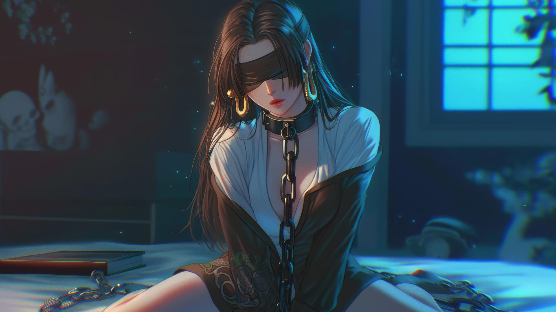 Blindfolded Boa Hancock kneeling, romantic neon light in a modern hotel room