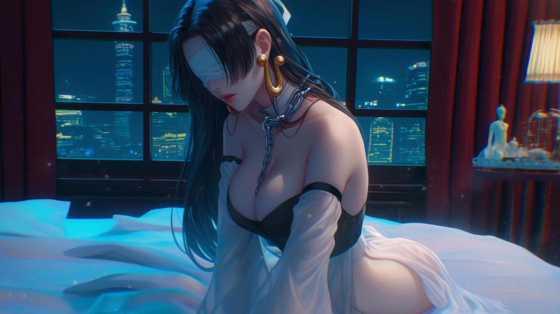 Boa Hancock kneeling, blindfolded, in romantic neon-lit modern hotel.