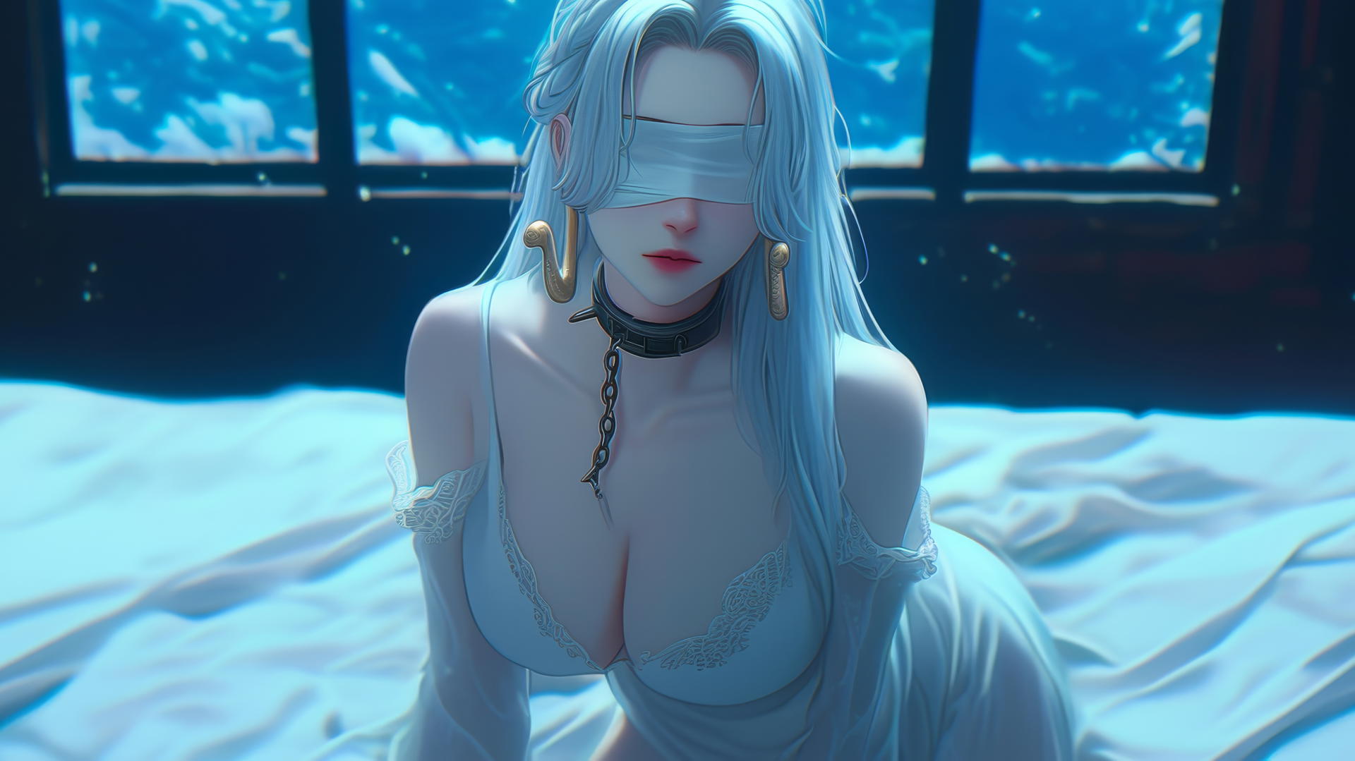 Boa Hancock from One Piece kneeling, blindfolded, in a neon-lit modern hotel room.