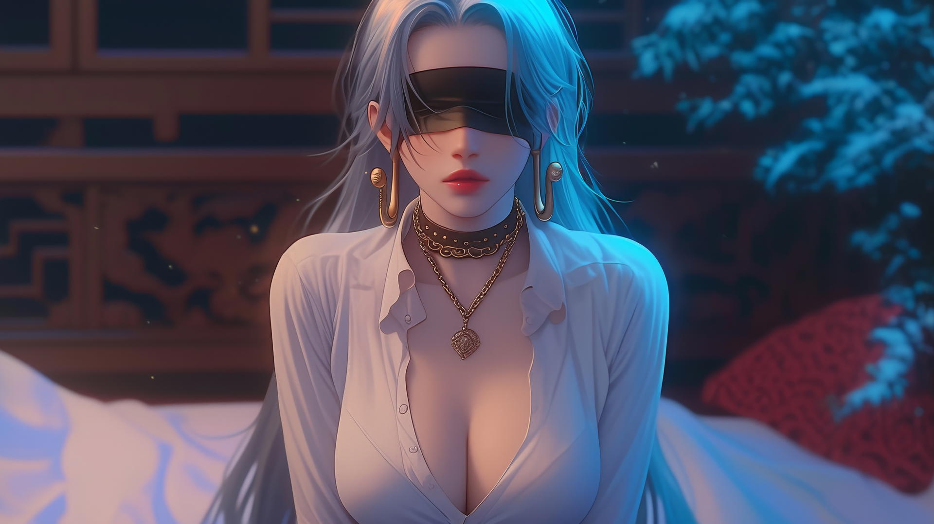 Boa Hancock from One Piece kneeling blindfolded in a neon-lit modern hotel room