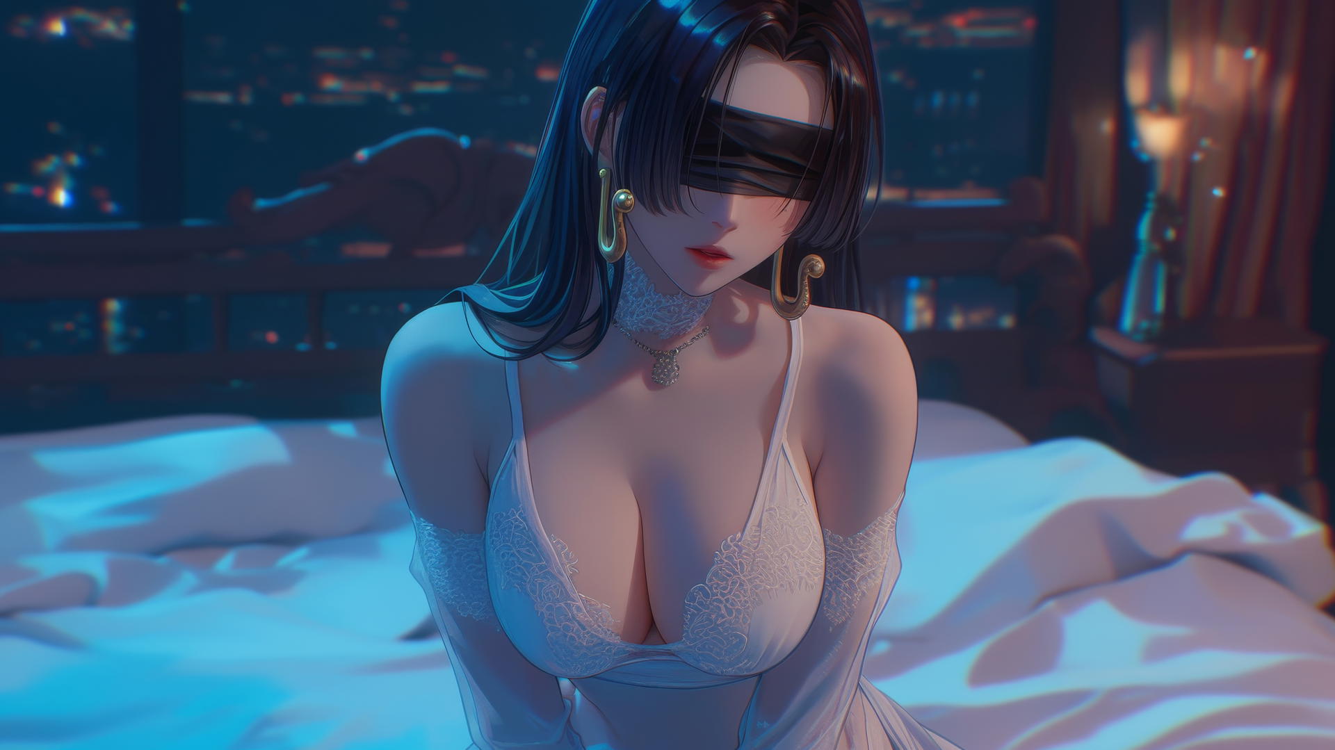 Boa Hancock blindfolded and kneeling in a modern hotel with neon lights from above.