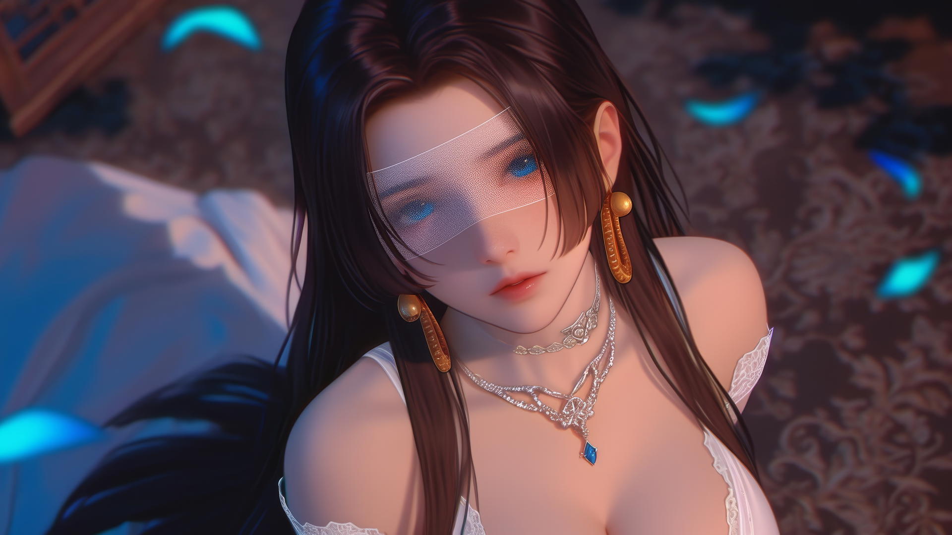 Boa Hancock kneeling in a modern hotel room with neon lights, wearing a blindfold and white outfit.